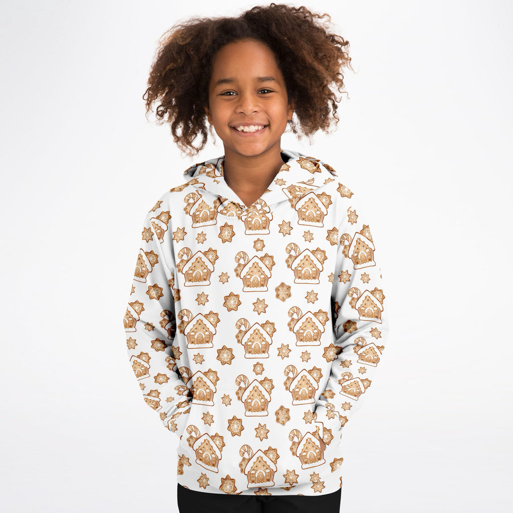 Kids Gingerbread House Christmas Hoodie – Ultra Comfy & Stretchy, Cozy Fleece or Lightweight Sports Fabric, Double-Layer Hood & Kangaroo Pocket