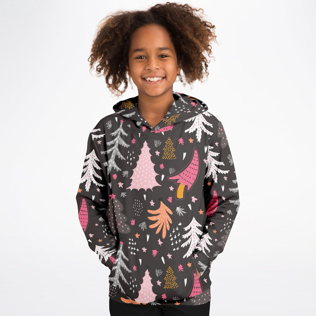 Girls Dark Brown Christmas Tree Hoodie – Ultra Comfy & Stretchy, Cozy Fleece or Lightweight Sports Fabric, Double-Layer Hood & Kangaroo Pocket