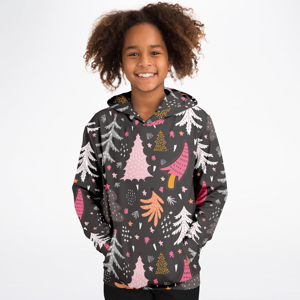 Girls Dark Brown Christmas Tree Hoodie – Ultra Comfy & Stretchy, Cozy Fleece or Lightweight Sports Fabric, Double-Layer Hood & Kangaroo Pocket