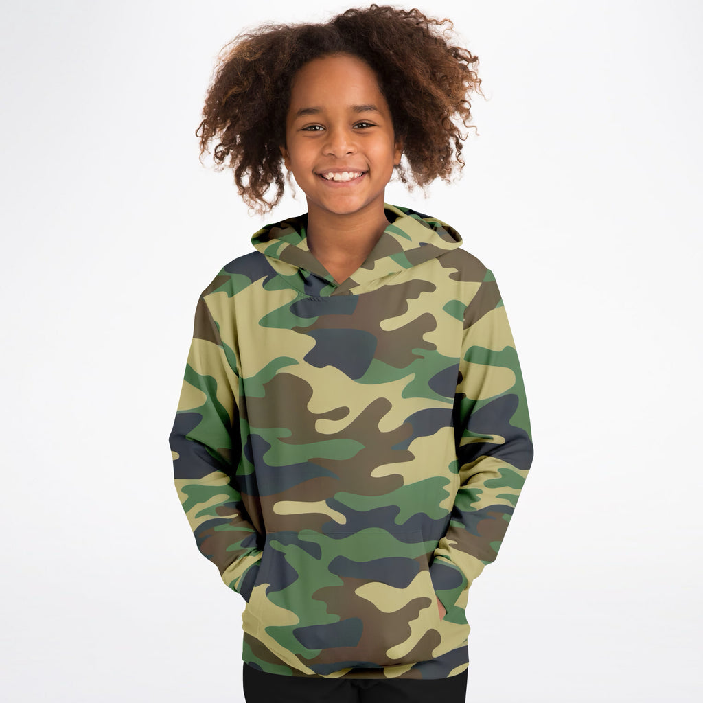 Kids Green Classic Woodland Camouflage Hoodie – Ultra Comfy & Stretchy, Cozy Fleece or Lightweight Sports Fabric, Double-Layer Hood & Kangaroo Pocket