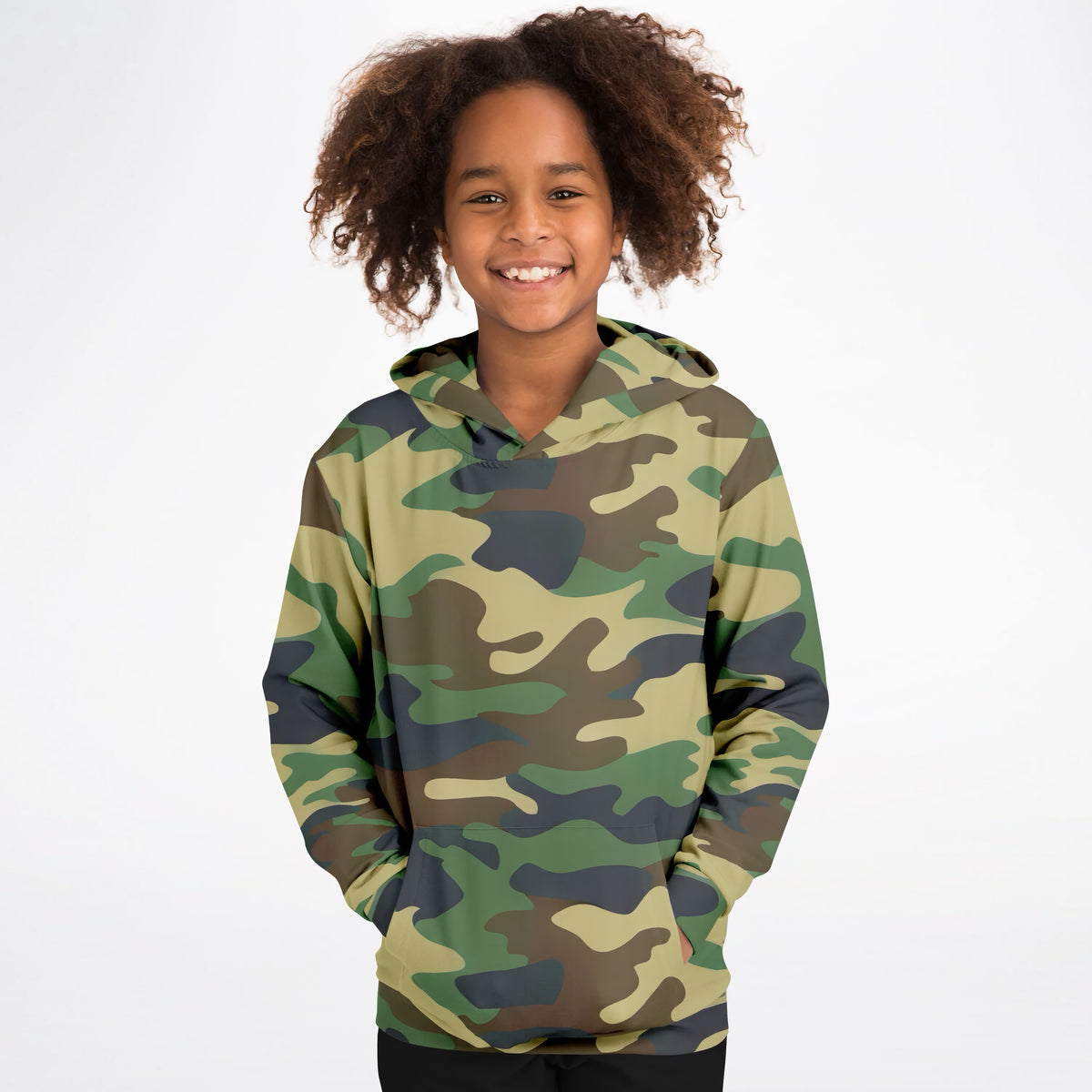 Kids Green Classic Woodland Camouflage Hoodie – Ultra Comfy & Stretchy, Cozy Fleece or Lightweight Sports Fabric, Double-Layer Hood & Kangaroo Pocket