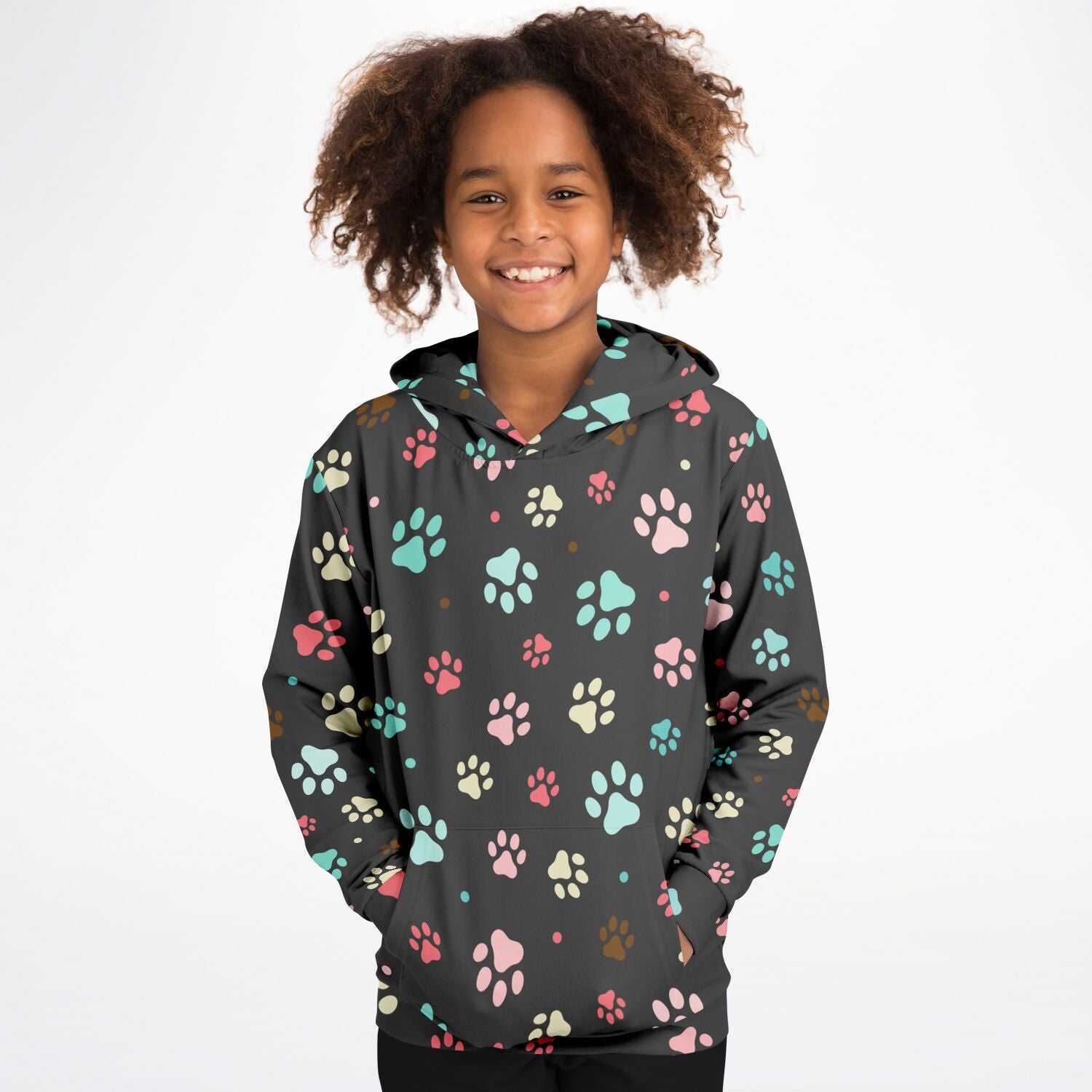 A dark gray kids paw print hoodie with multicolored paw prints in cozy cotton fleece fabric