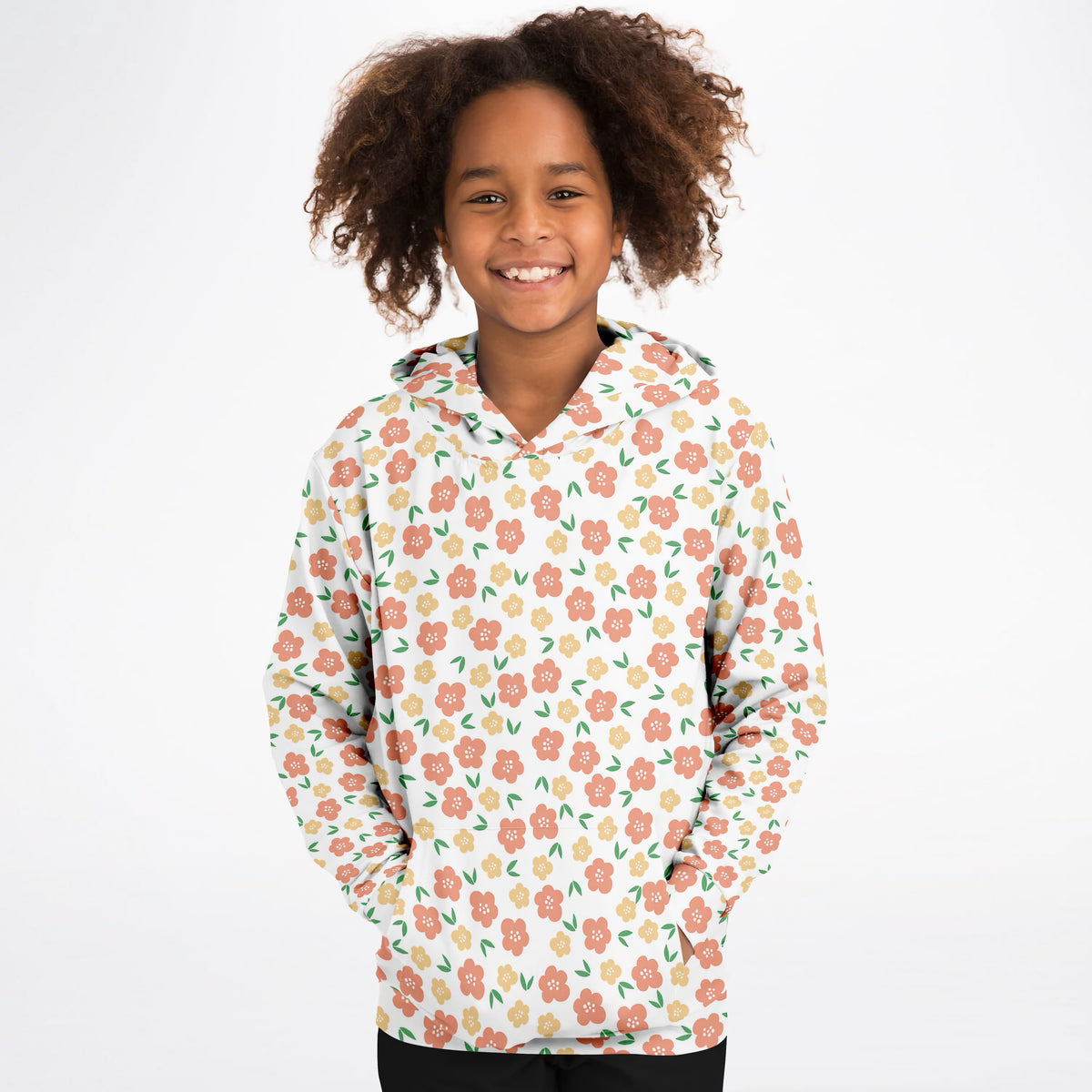 Girls Peach & Yellow Floral Hoodie – Ultra Comfy & Stretchy, Cozy Fleece or Lightweight Sports Fabric, Double-Layer Hood & Kangaroo Pocket