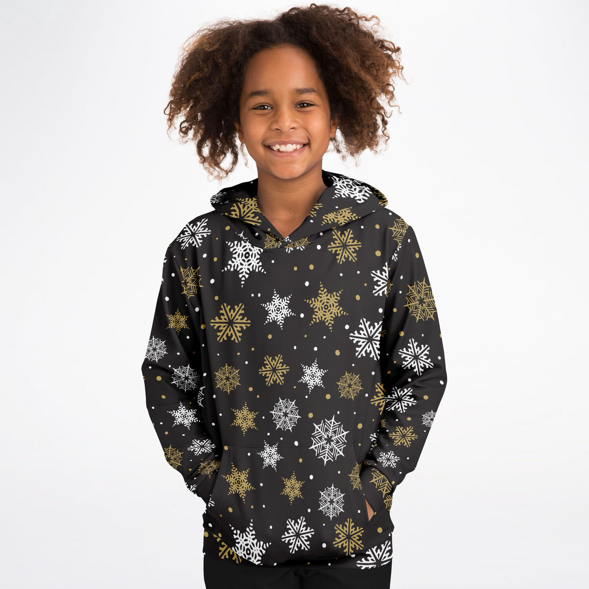 Kids Dark Brown, Gold & White Snowflake Christmas Hoodie – Ultra Comfy & Stretchy, Cozy Fleece or Lightweight Sports Fabric, Double-Layer Hood & Kangaroo Pocket