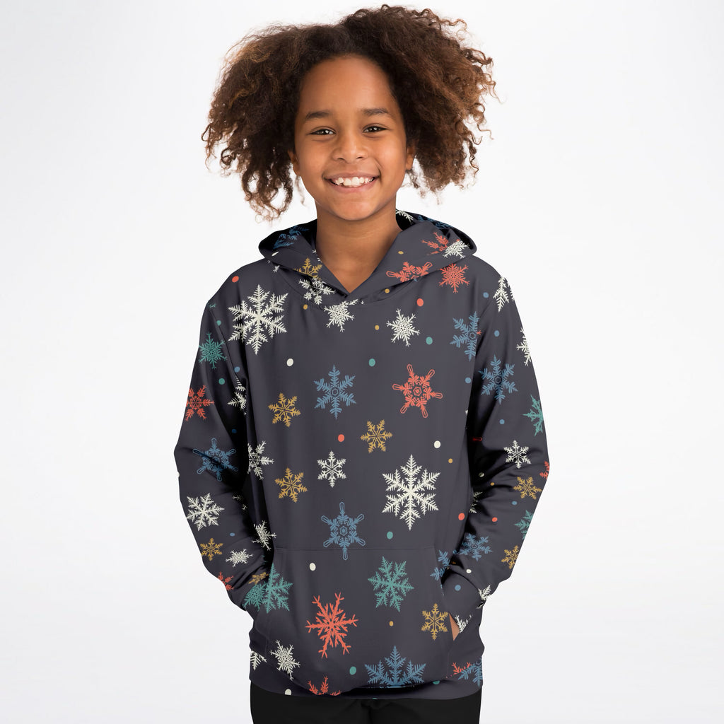 Kids Colorful Snowflake Christmas Hoodie – Ultra Comfy & Stretchy, Cozy Fleece or Lightweight Sports Fabric, Double-Layer Hood & Kangaroo Pocket