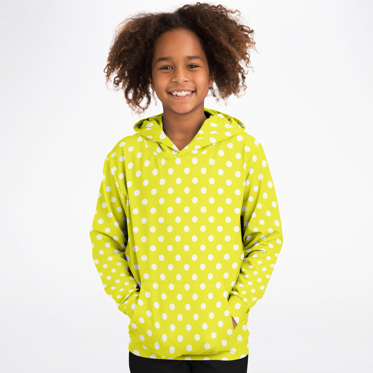 Kids Yellow Polka Dot Hoodie – Ultra Comfy & Stretchy, Cozy Fleece or Lightweight Sports Fabric, Double-Layer Hood & Kangaroo Pocket