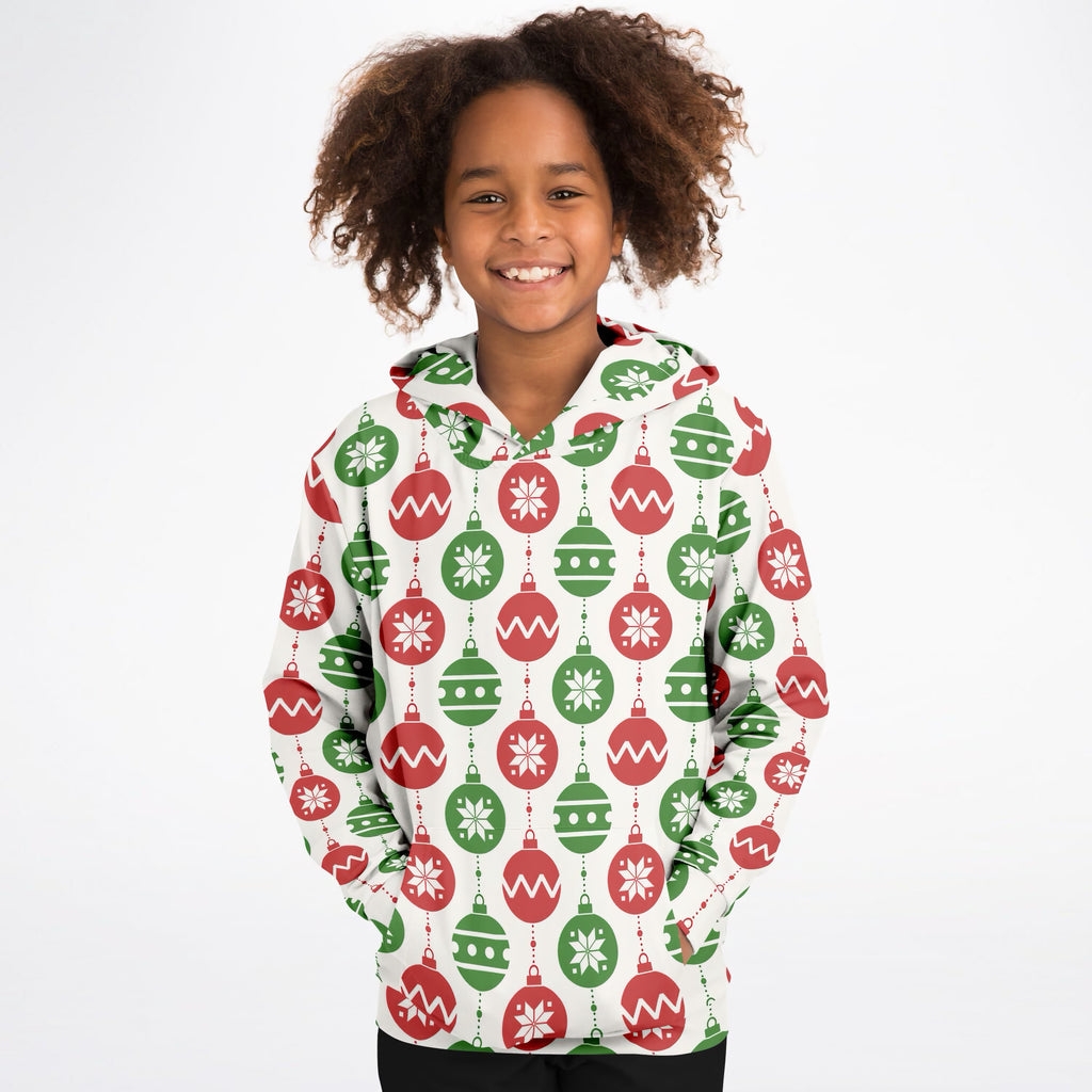 Kids Christmas Red & Green Christmas Ornaments Hoodie – Ultra Comfy & Stretchy, Cozy Fleece or Lightweight Sports Fabric, Double-Layer Hood & Kangaroo Pocket