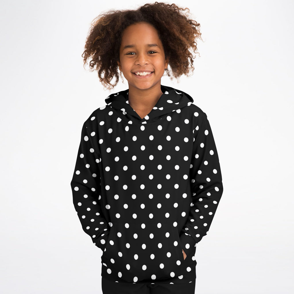 Kids Black Polka Dot Hoodie – Ultra Comfy & Stretchy, Cozy Fleece or Lightweight Sports Fabric, Double-Layer Hood & Kangaroo Pocket