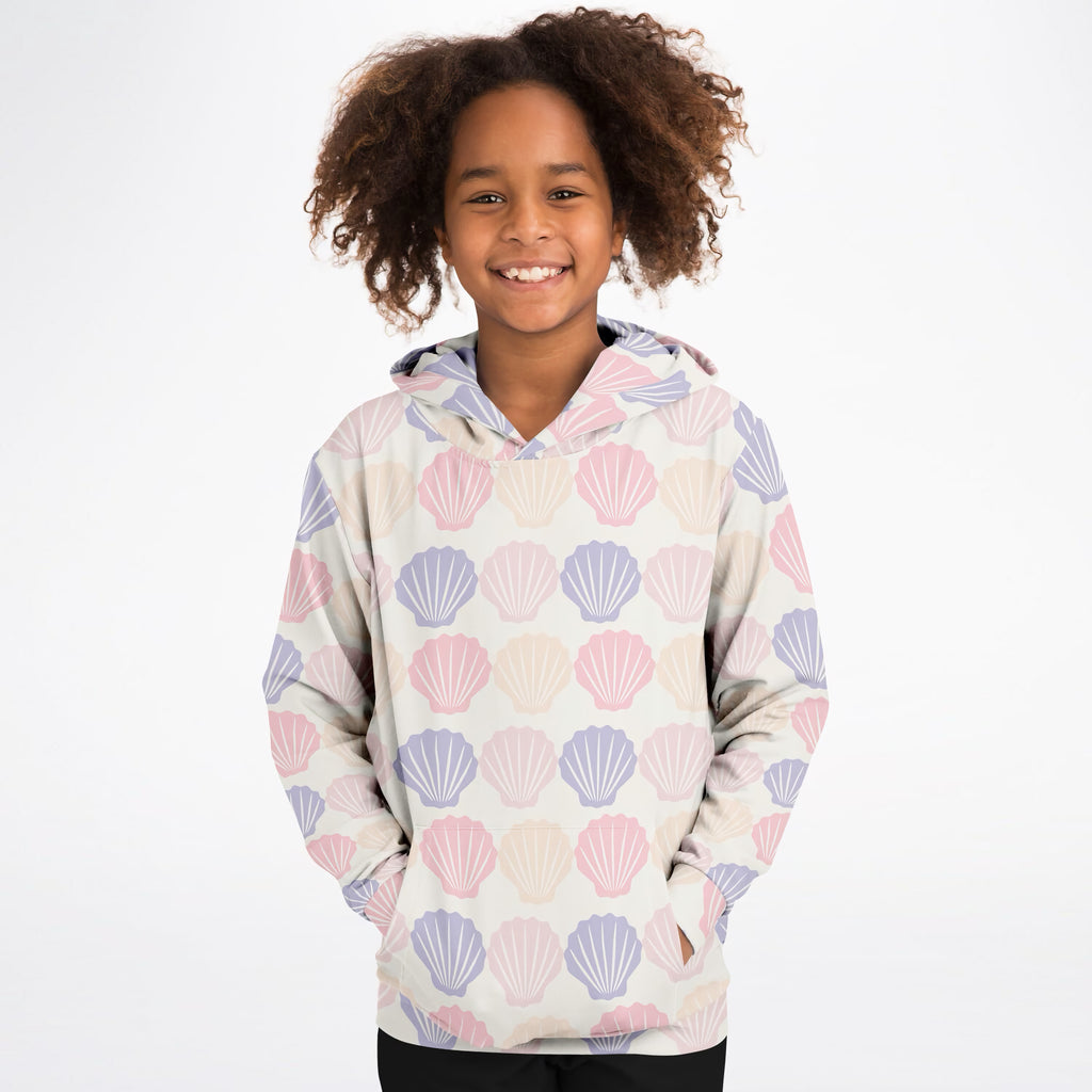 Girls Pastel Seashell Hoodie – Ultra Comfy & Stretchy, Cozy Fleece or Lightweight Sports Fabric, Double-Layer Hood & Kangaroo Pocket