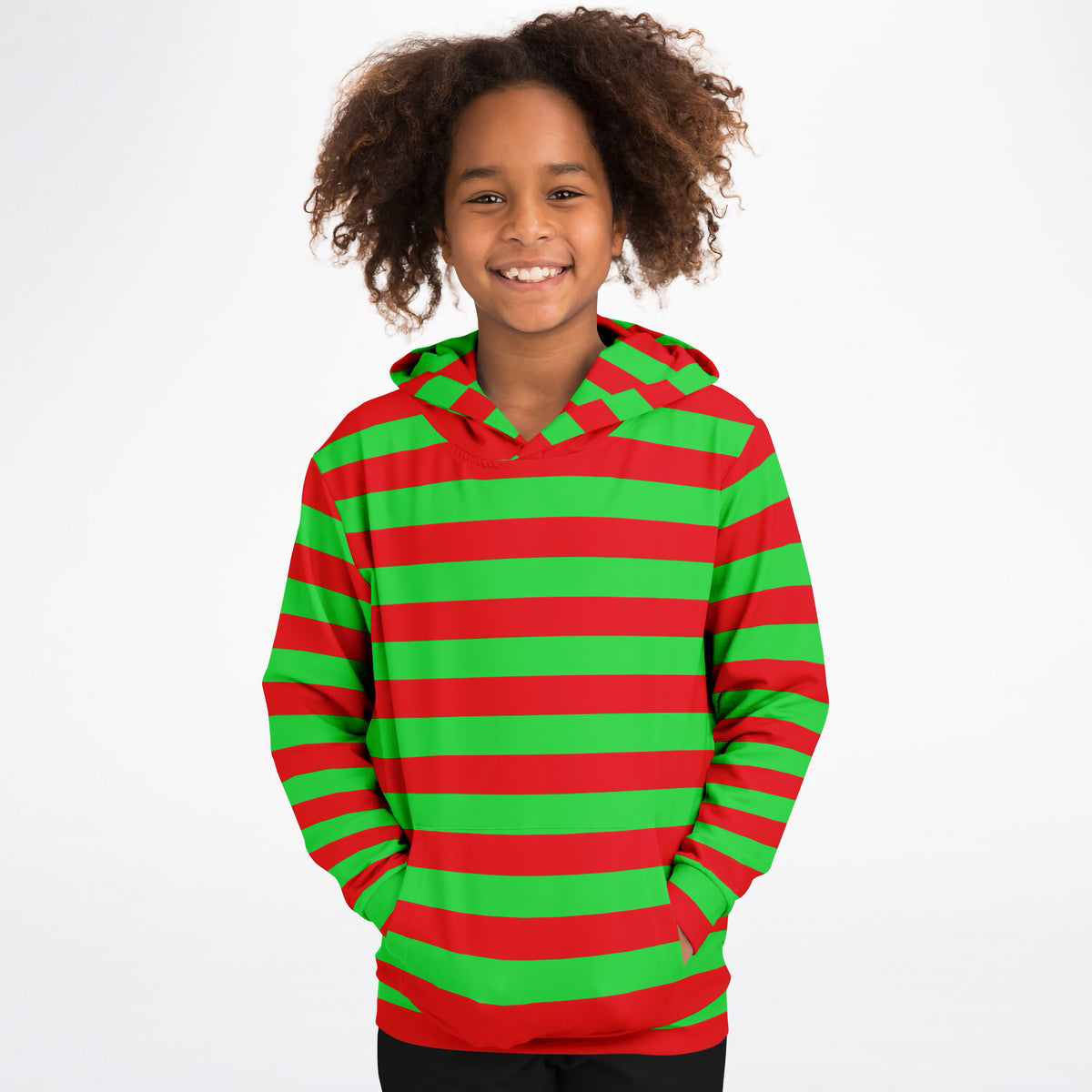Kids Striped Red & Green Christmas Hoodie – Ultra Comfy & Stretchy, Cozy Fleece or Lightweight Sports Fabric, Double-Layer Hood & Kangaroo Pocket