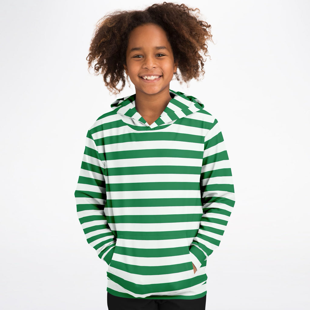 Kids Striped Green Christmas Hoodie – Ultra Comfy & Stretchy, Cozy Fleece or Lightweight Sports Fabric, Double-Layer Hood & Kangaroo Pocket