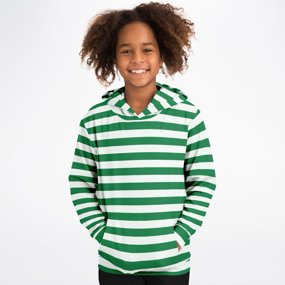 Kids Striped Green Christmas Hoodie – Ultra Comfy & Stretchy, Cozy Fleece or Lightweight Sports Fabric, Double-Layer Hood & Kangaroo Pocket
