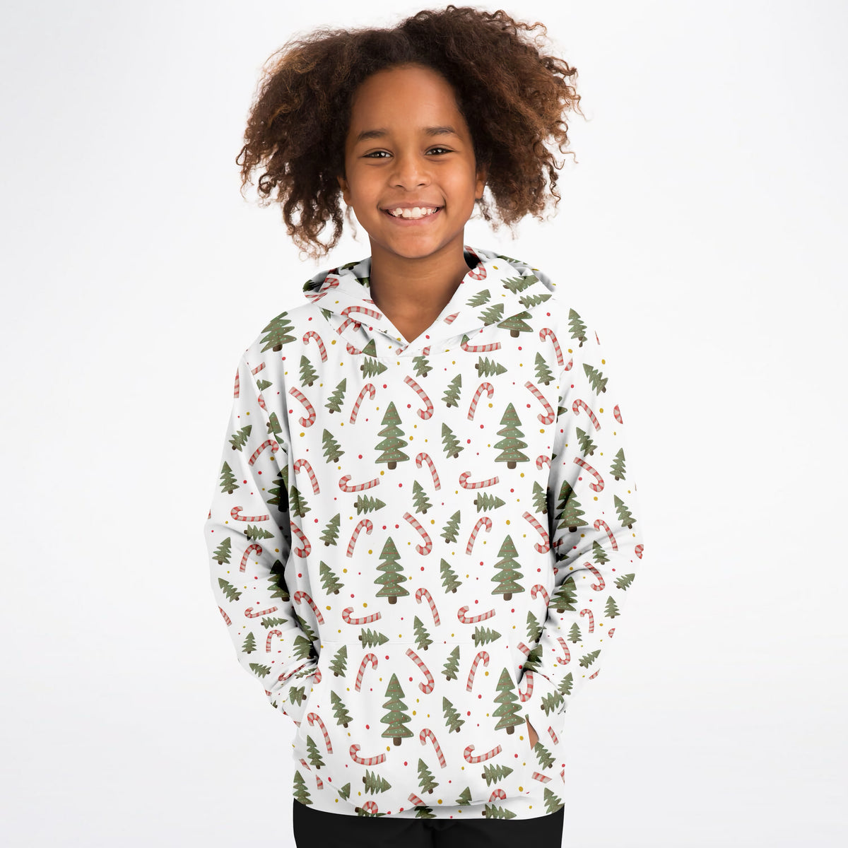 Kids Christmas Tree Candy Cane Hoodie – Ultra Comfy & Stretchy, Cozy Fleece or Lightweight Sports Fabric, Double-Layer Hood & Kangaroo Pocket