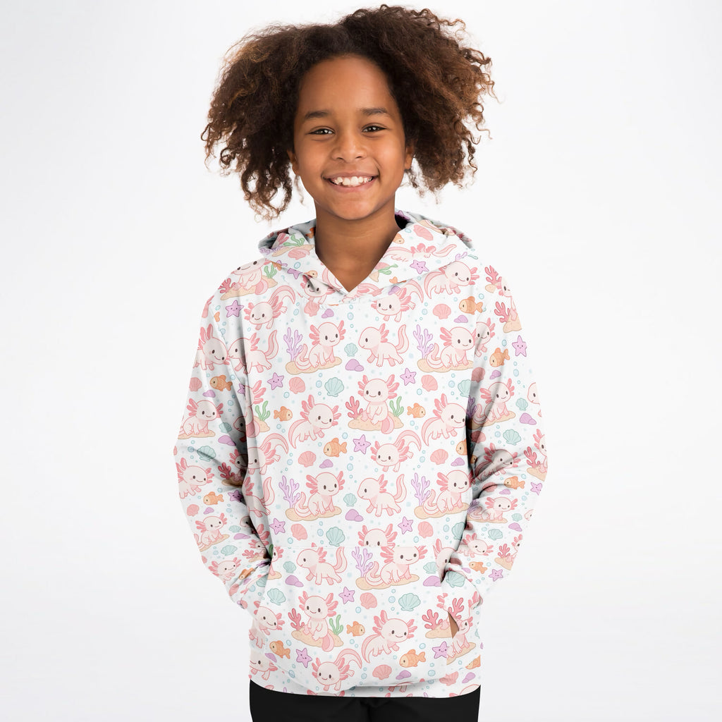 Girls Axolotl Hoodie – Ultra Comfy & Stretchy, Cozy Fleece or Lightweight Sports Fabric, Double-Layer Hood & Kangaroo Pocket