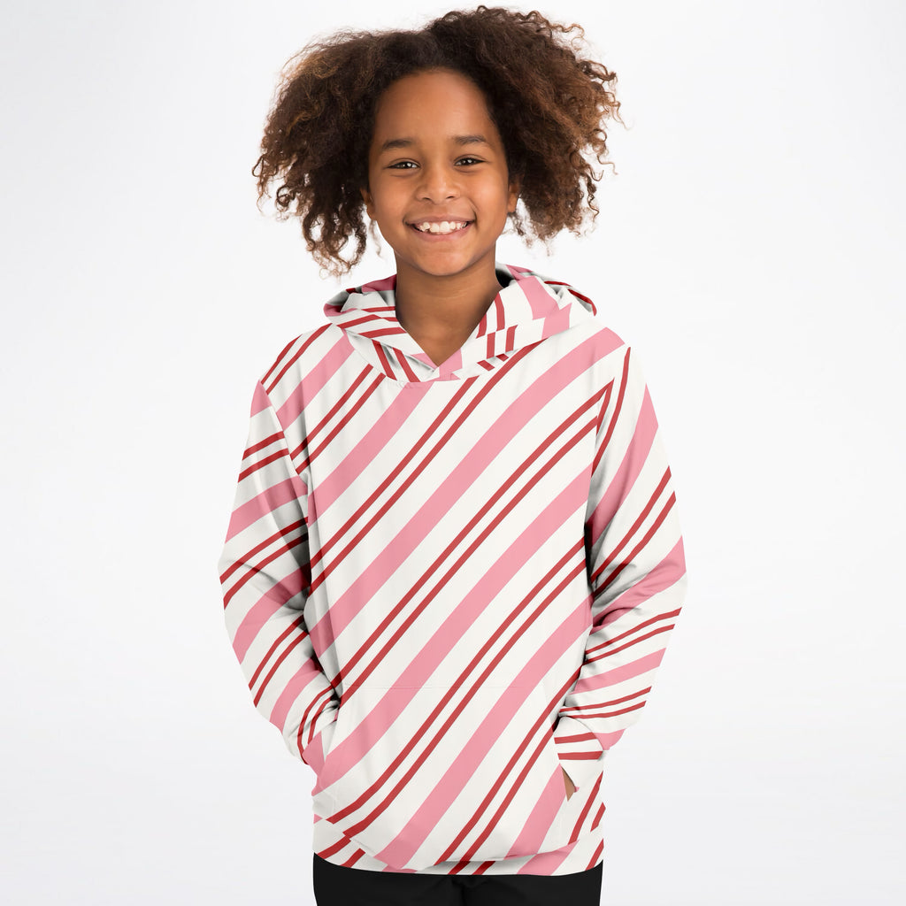 Girls Pink & Red Candy Cane Christmas Hoodie – Ultra Comfy & Stretchy, Cozy Fleece or Lightweight Sports Fabric, Double-Layer Hood & Kangaroo Pocket