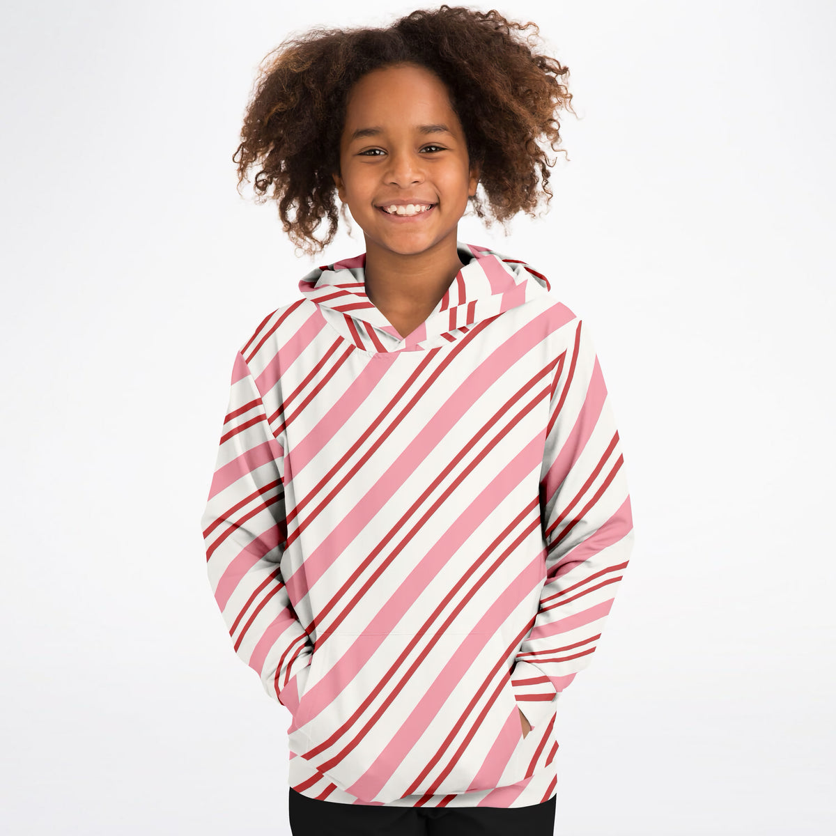 Girls Pink & Red Candy Cane Christmas Hoodie – Ultra Comfy & Stretchy, Cozy Fleece or Lightweight Sports Fabric, Double-Layer Hood & Kangaroo Pocket