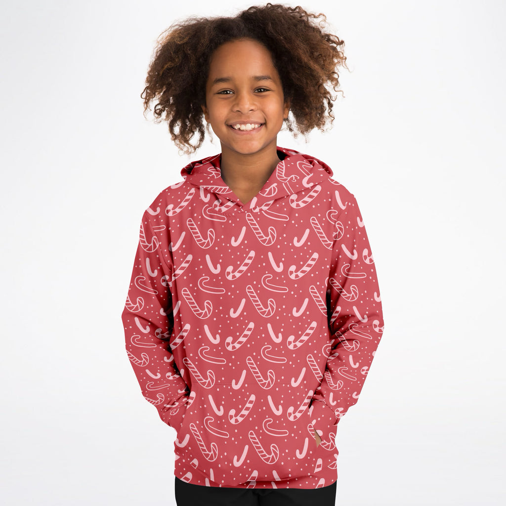 Kids Red Candy Cane Christmas Hoodie – Ultra Comfy & Stretchy, Cozy Fleece or Lightweight Sports Fabric, Double-Layer Hood & Kangaroo Pocket