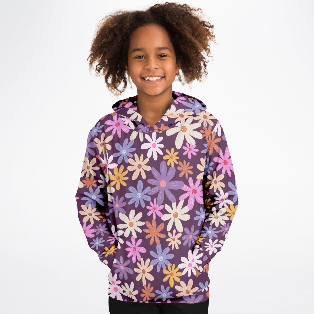 Girls Purple Retro Floral Hoodie – Ultra Comfy & Stretchy, Cozy Fleece or Lightweight Sports Fabric, Double-Layer Hood & Kangaroo Pocket