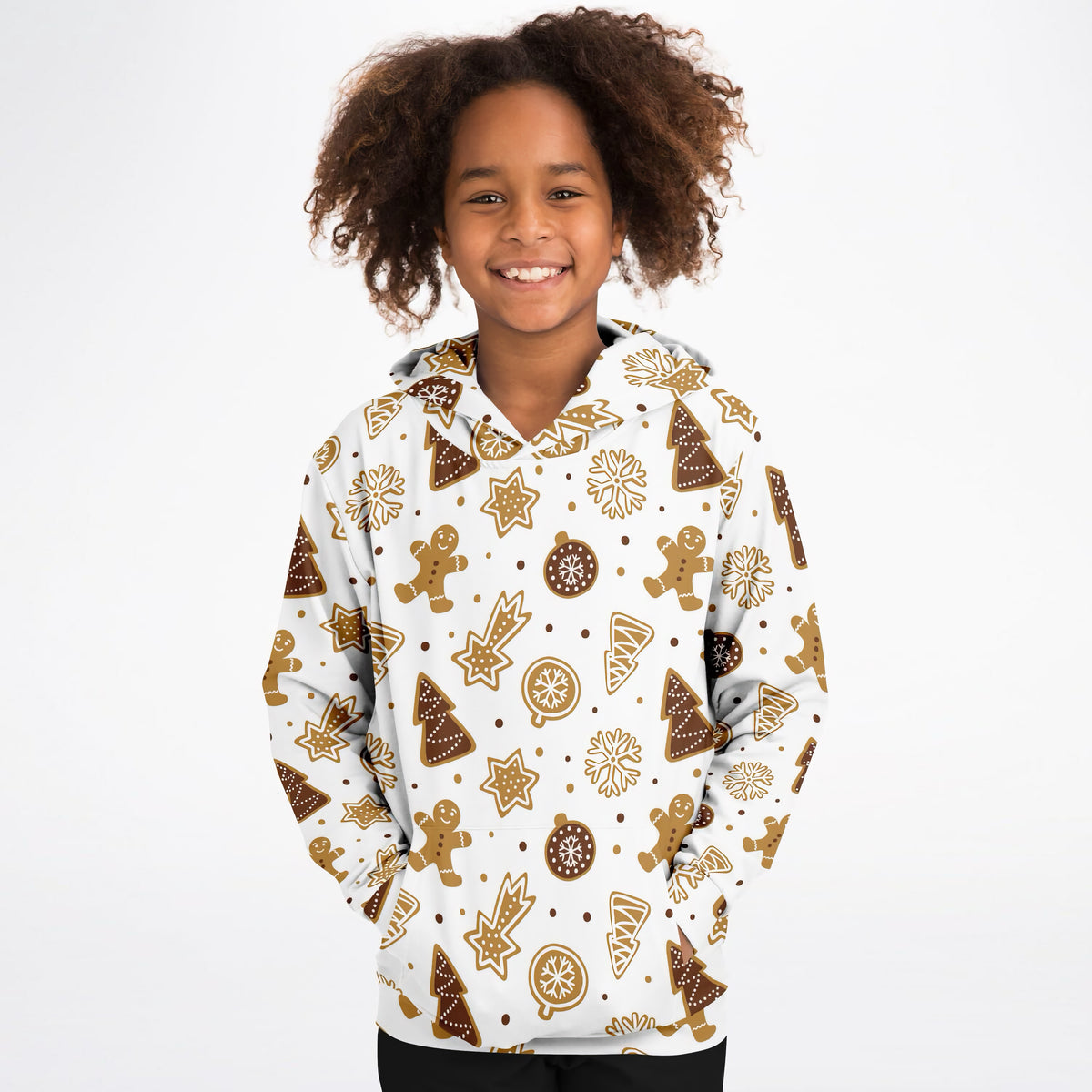 Kids Gingerbread Cookies Christmas Hoodie – Ultra Comfy & Stretchy, Cozy Fleece or Lightweight Sports Fabric, Double-Layer Hood & Kangaroo Pocket