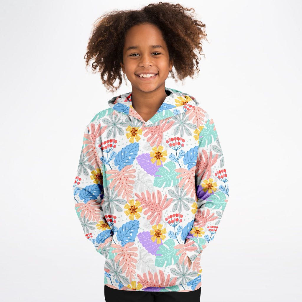Girls Colorful Tropical Floral Hoodie – Ultra Comfy & Stretchy, Cozy Fleece or Lightweight Sports Fabric, Double-Layer Hood & Kangaroo Pocket