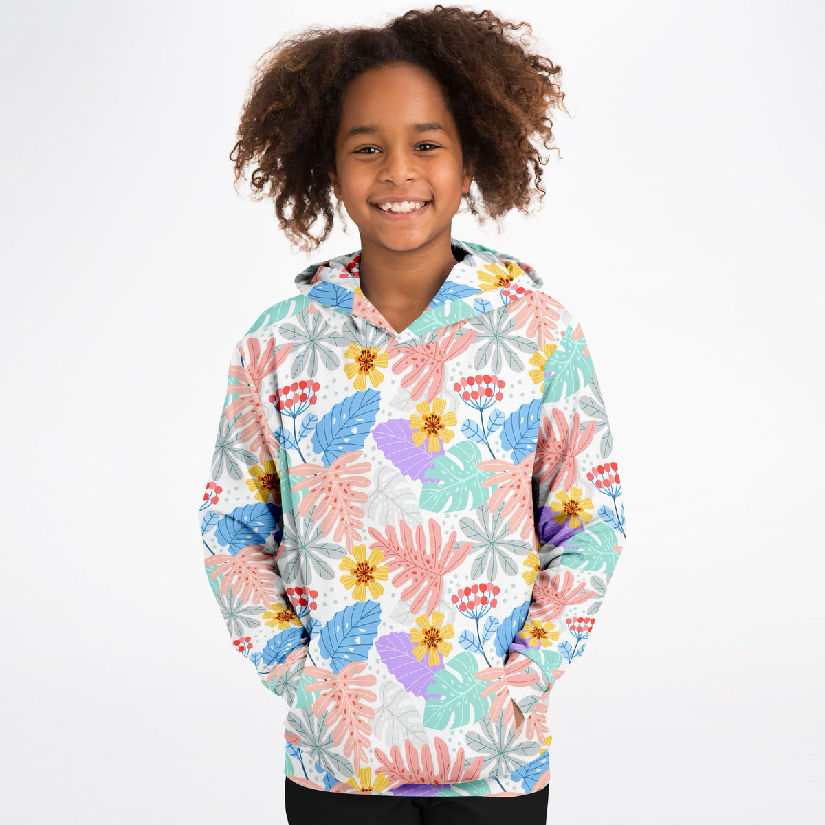 Girls Colorful Tropical Floral Hoodie – Ultra Comfy & Stretchy, Cozy Fleece or Lightweight Sports Fabric, Double-Layer Hood & Kangaroo Pocket