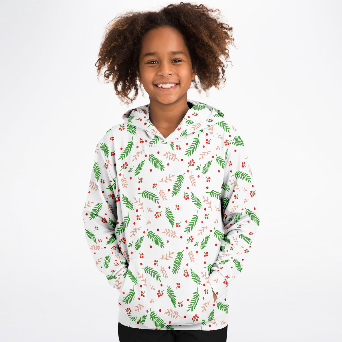 Kids Christmas Holly Berry & Evergreen Hoodie – Ultra Comfy & Stretchy, Cozy Fleece or Lightweight Sports Fabric, Double-Layer Hood & Kangaroo Pocket