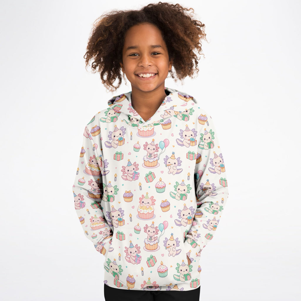 Kids Axolotl Birthday Hoodie – Ultra Comfy & Stretchy, Cozy Fleece or Lightweight Sports Fabric, Double-Layer Hood & Kangaroo Pocket