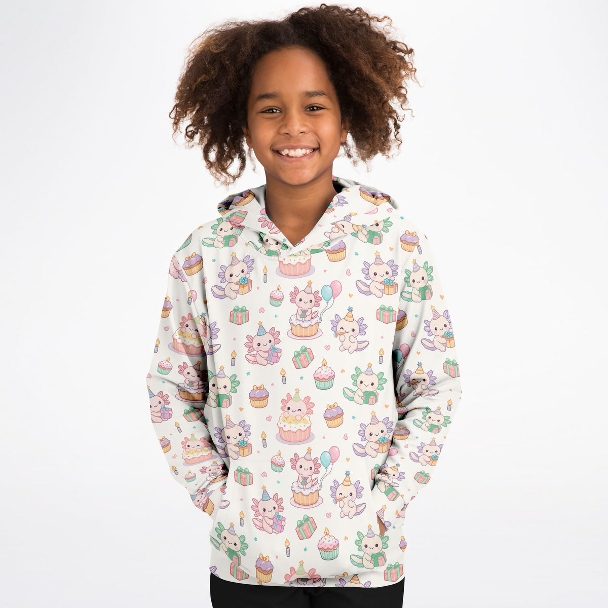 Kids Axolotl Birthday Hoodie – Ultra Comfy & Stretchy, Cozy Fleece or Lightweight Sports Fabric, Double-Layer Hood & Kangaroo Pocket