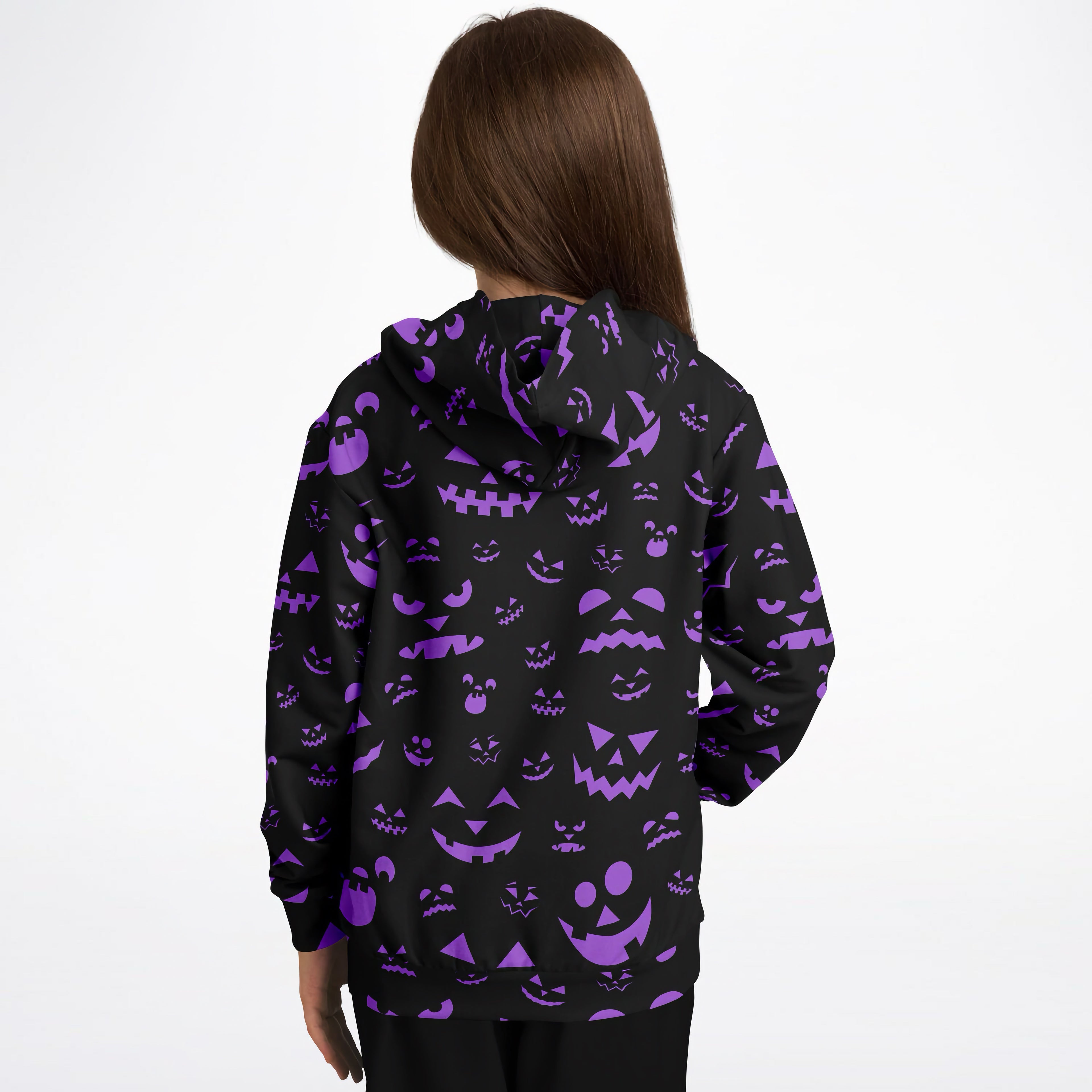 Black kids hoodie with vibrant purple jack o lantern pattern in cozy cotton fleece or lightweight sports fabric