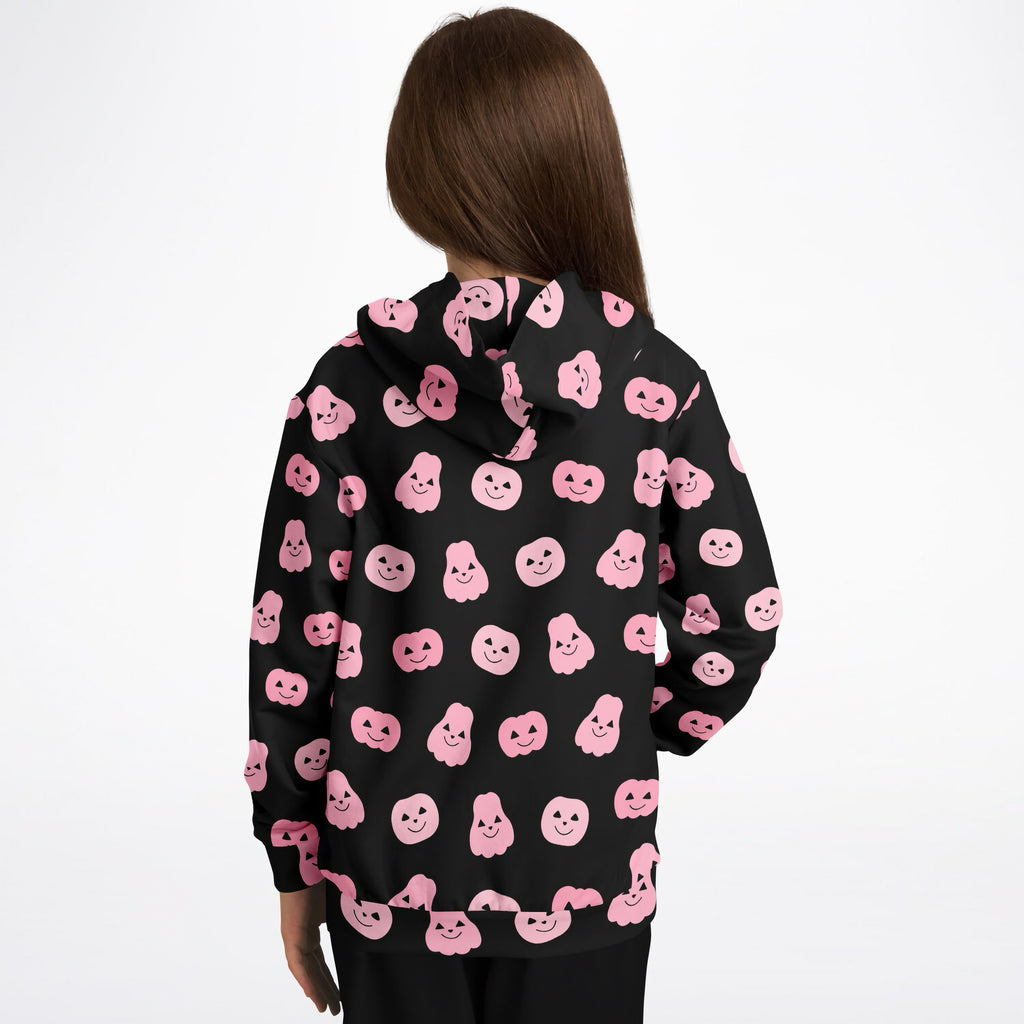 Girls pink pumpkins Halloween hoodie in cozy cotton fleece with playful pink smiling pumpkins and ghosts pattern