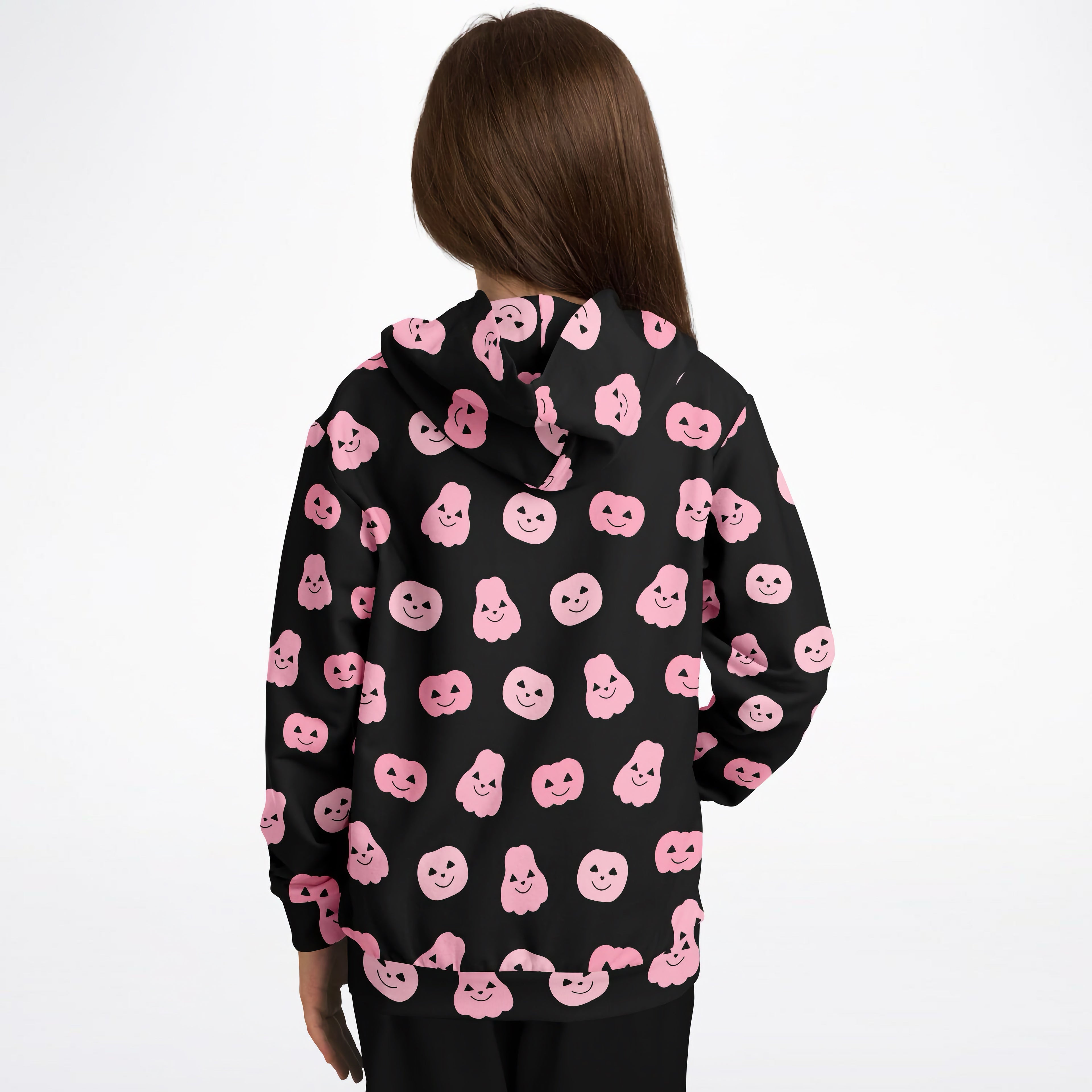 Girls pink pumpkins Halloween hoodie in cozy cotton fleece with playful pink smiling pumpkins and ghosts pattern