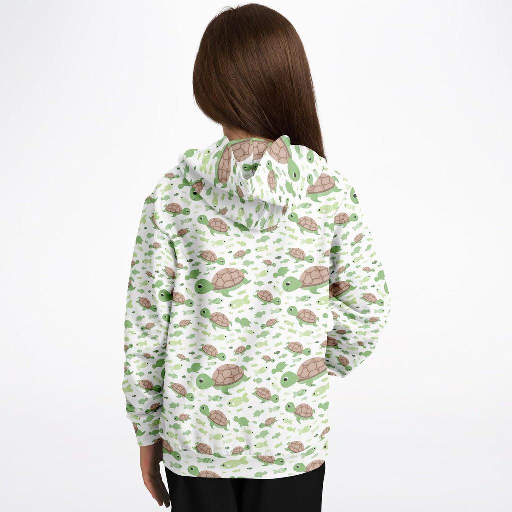 Kids green sea turtles hoodie white cotton fleece with playful all-over green and brown cartoon turtle print