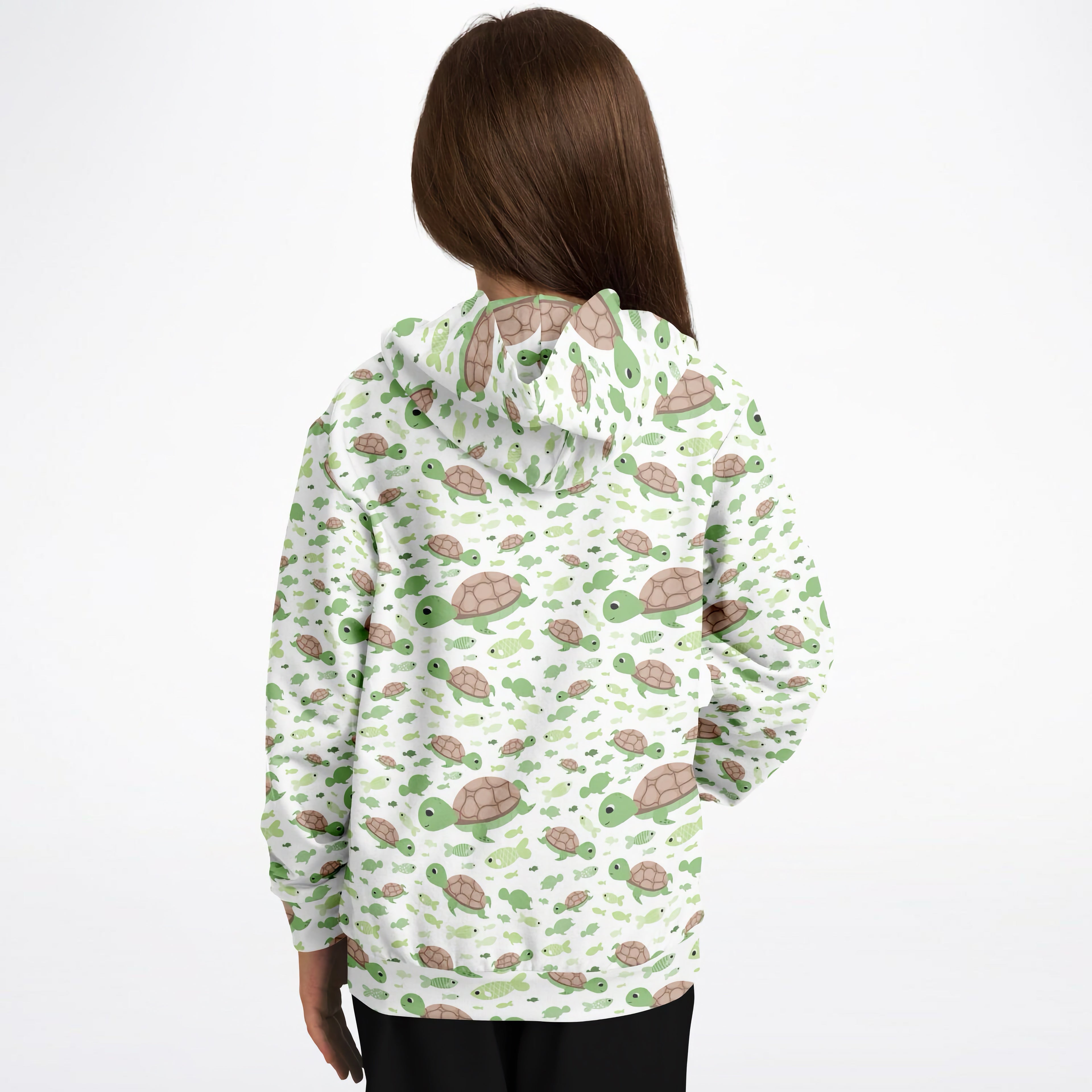 Kids green sea turtles hoodie white cotton fleece with playful all-over green and brown cartoon turtle print