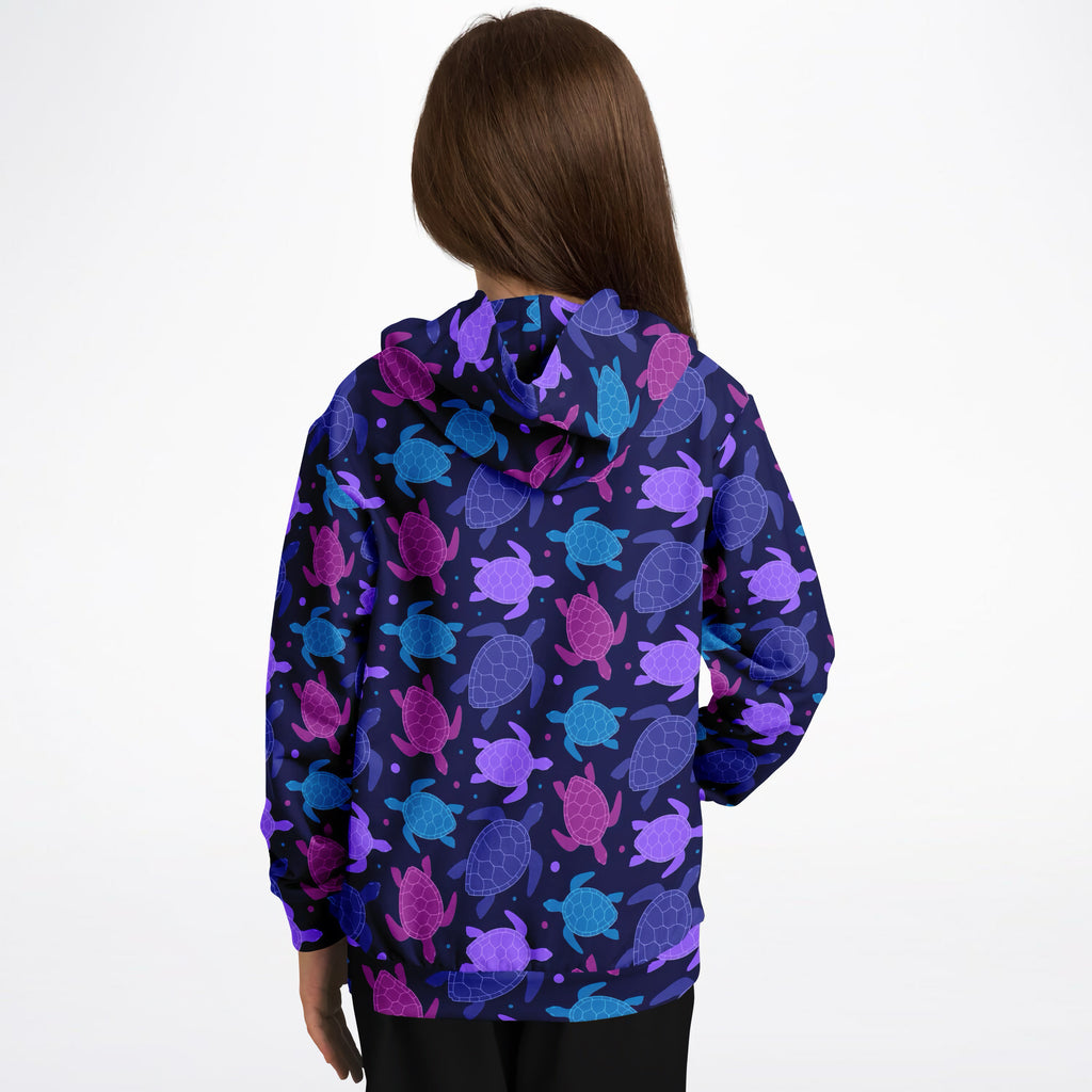 Navy blue girls hoodie with vibrant purple pink and teal sea turtle pattern in cozy cotton fleece or lightweight fabric