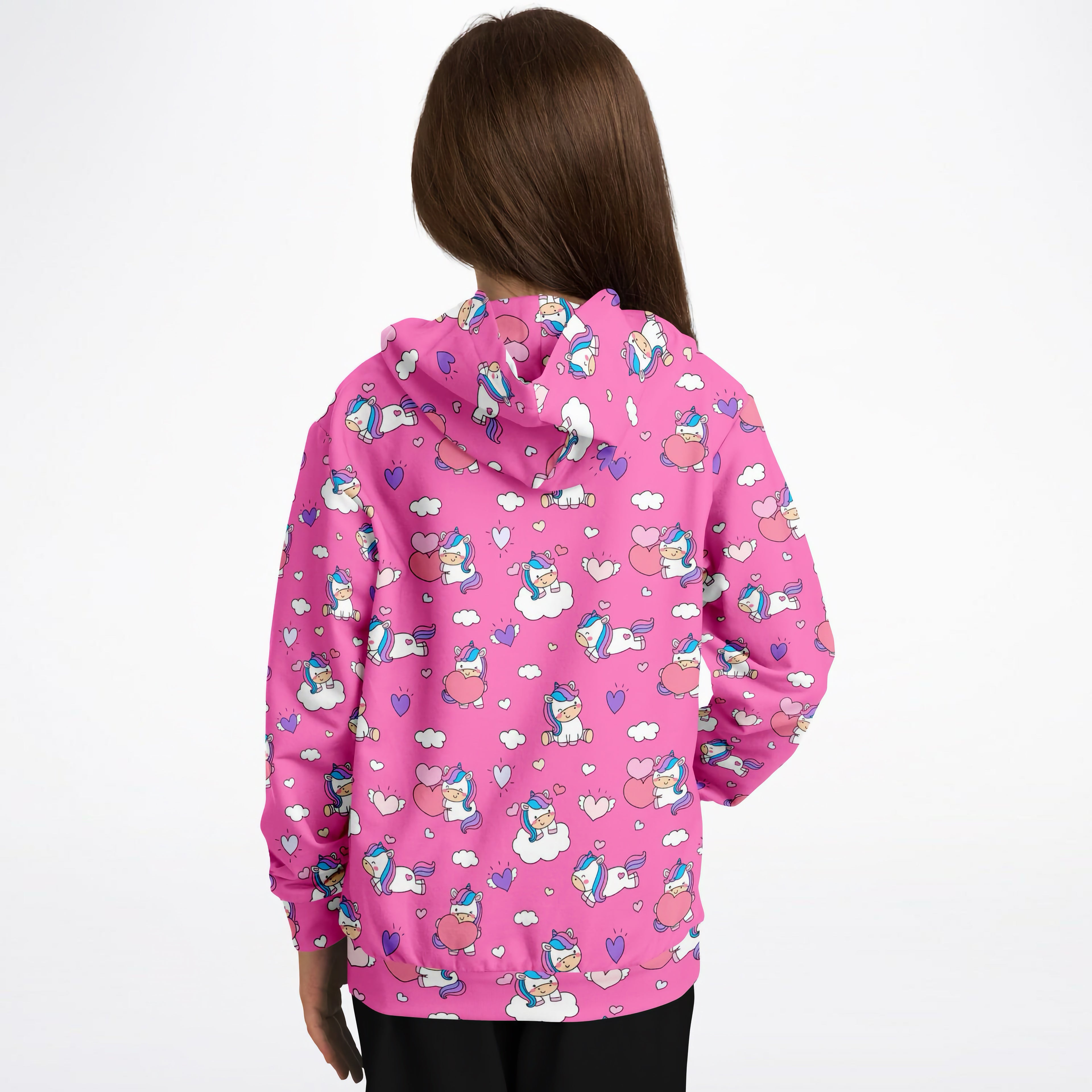 Girls purple unicorn hearts hoodie in cozy cotton fleece with playful cartoon unicorns hearts and clouds pattern