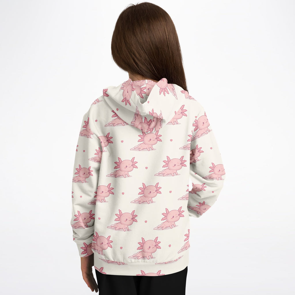Girls Pink Axolotl Hoodie – Cozy Cotton Fleece or Lightweight Sports Fabric