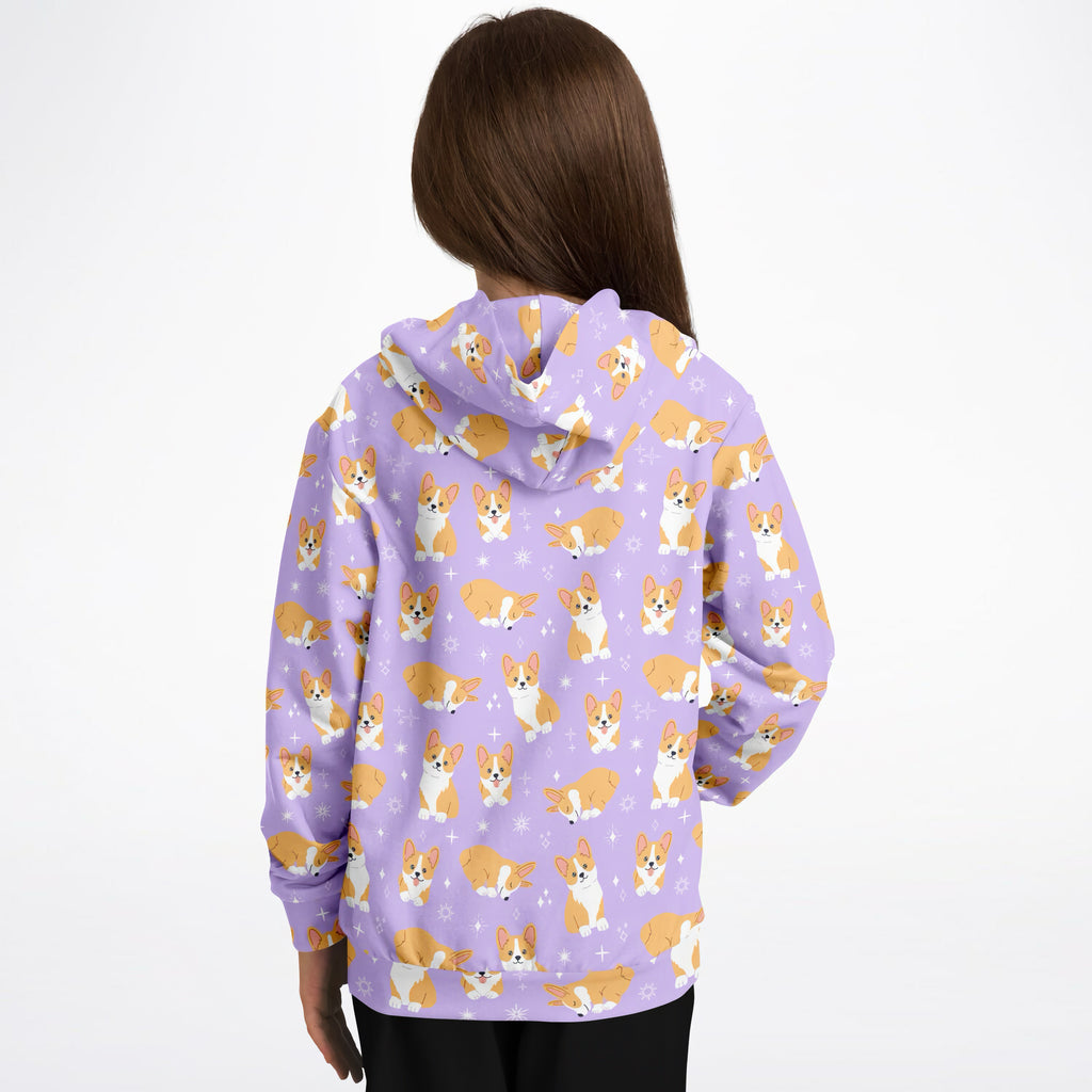 Girls Purple Corgi Dog Hoodie – Cozy Cotton Fleece or Lightweight Sports Fabric