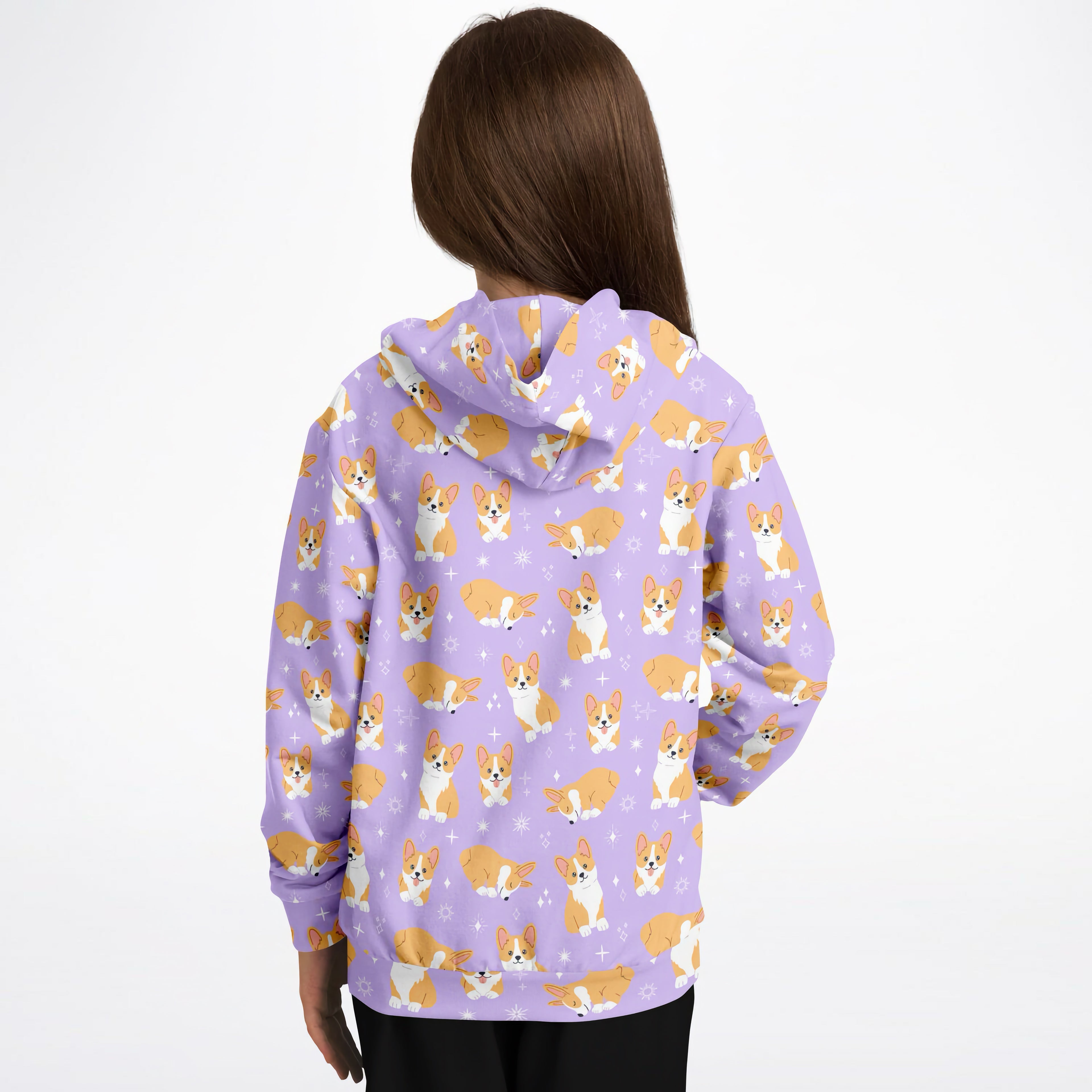 Girls Purple Corgi Dog Hoodie – Cozy Cotton Fleece or Lightweight Sports Fabric