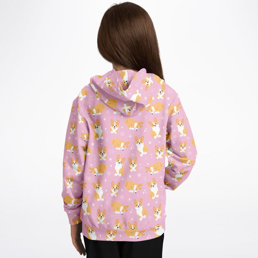 Girls pink corgi dog hoodie with playful tan and white cartoon corgis and stars in cozy cotton fleece