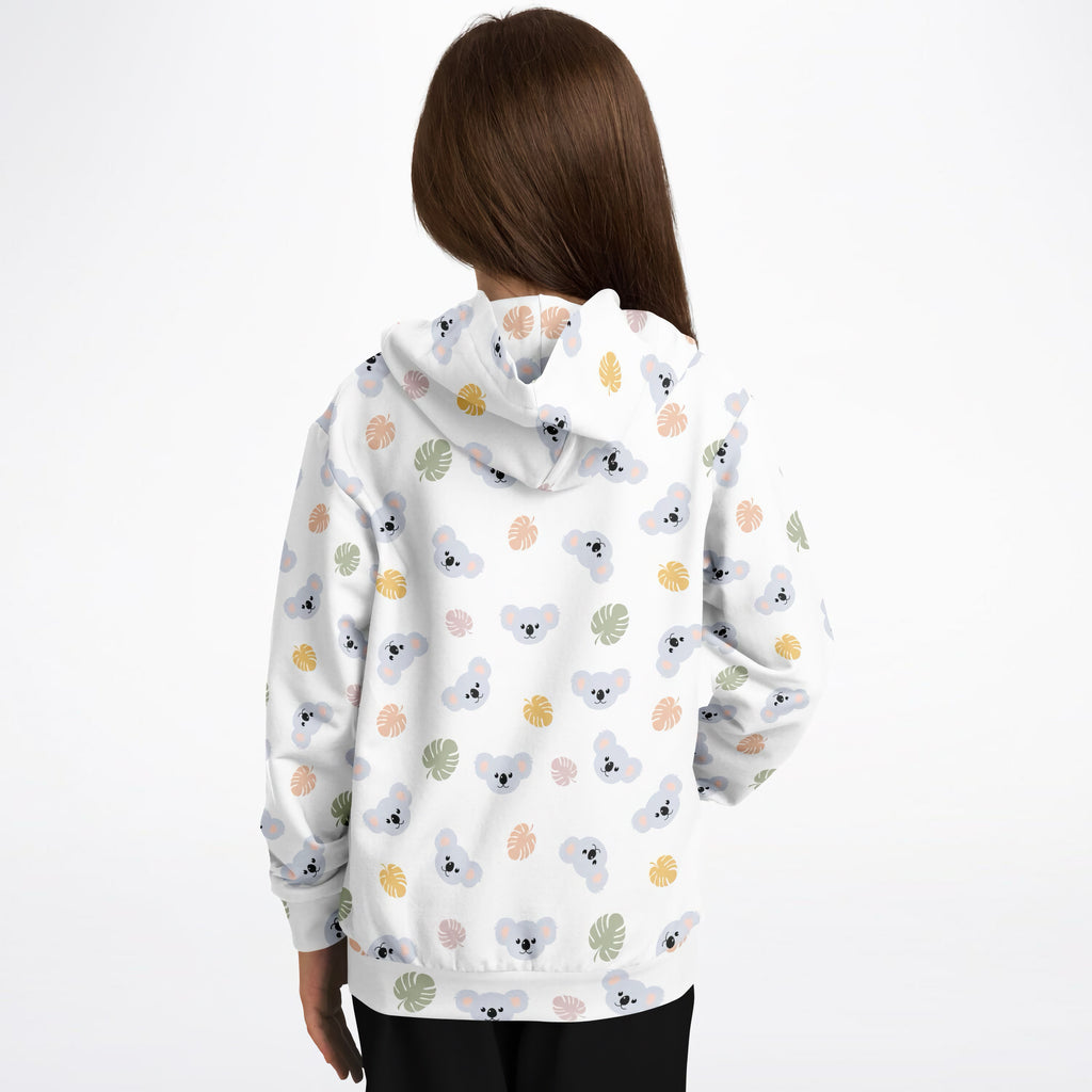 White kids koala bear hoodie with playful gray koala and pastel tropical leaf pattern in cozy cotton fleece