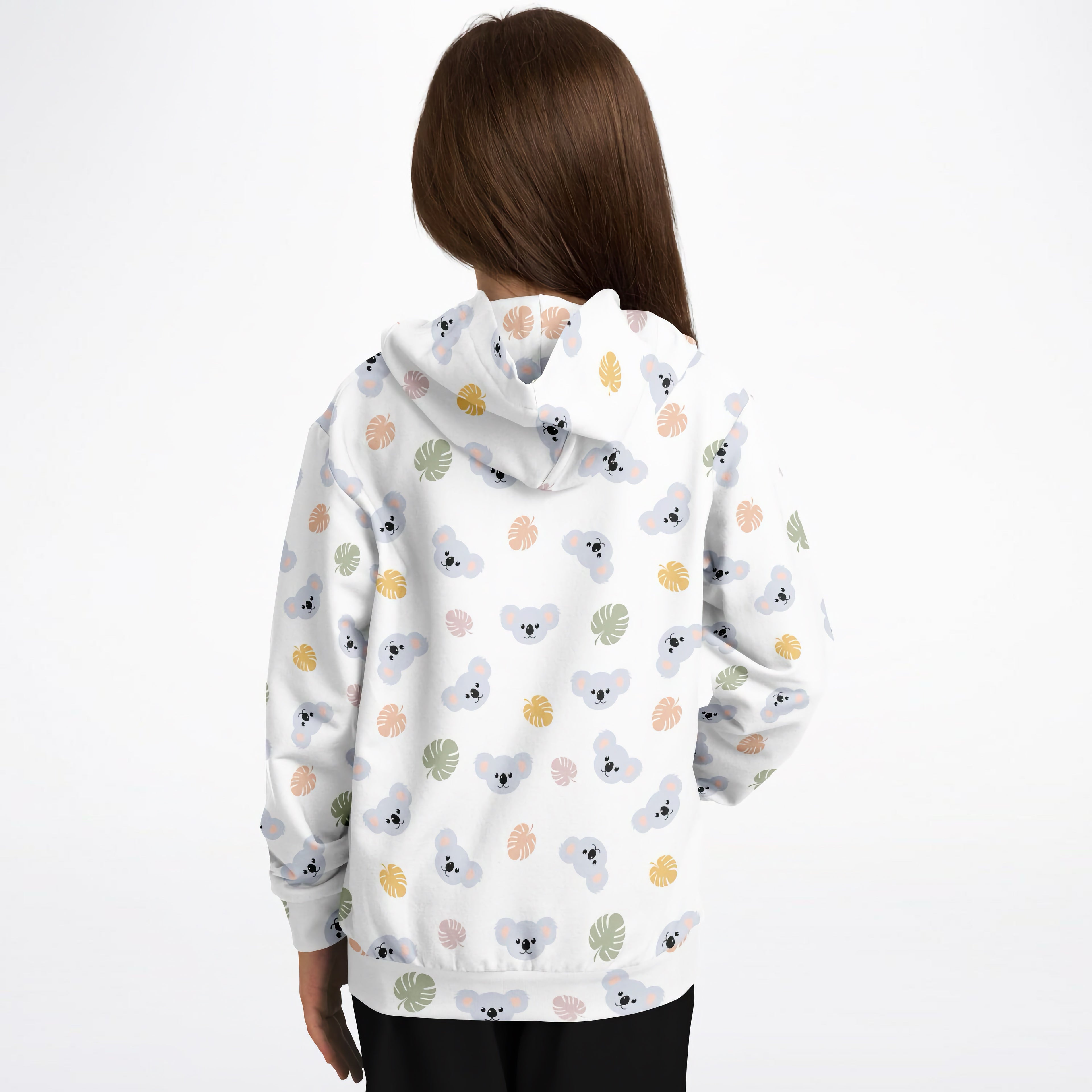 White kids koala bear hoodie with playful gray koala and pastel tropical leaf pattern in cozy cotton fleece