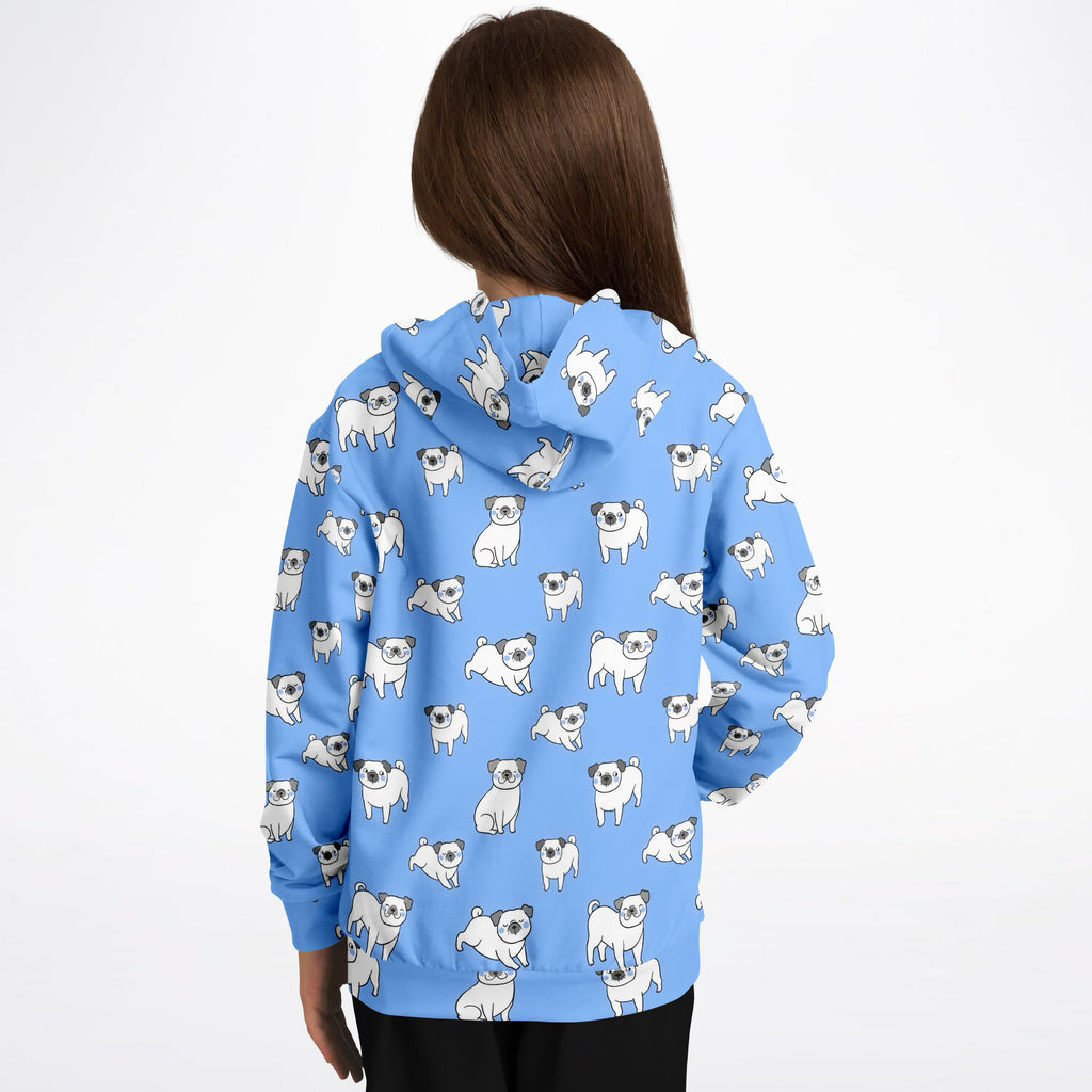 Kids Blue Pug Hoodie – Cozy Cotton Fleece or Lightweight Sports Fabric