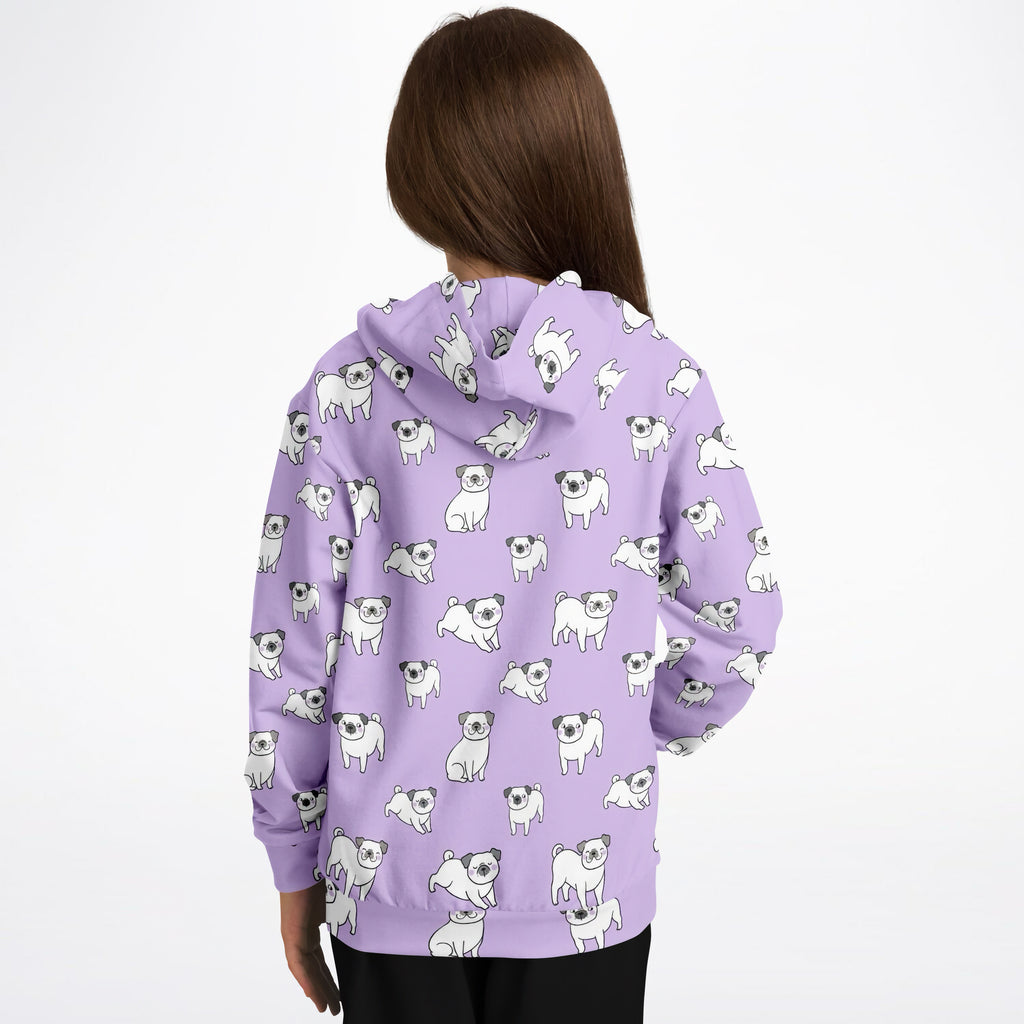 Girls purple hoodie with playful white cartoon pug print made from cozy cotton fleece or lightweight sports fabric