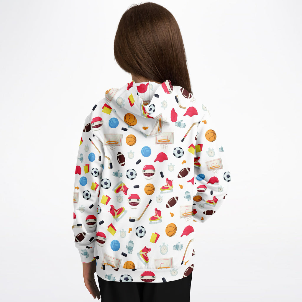 White hooded kids sports themed hoodie with colorful basketball soccer and hockey print in cozy cotton fleece