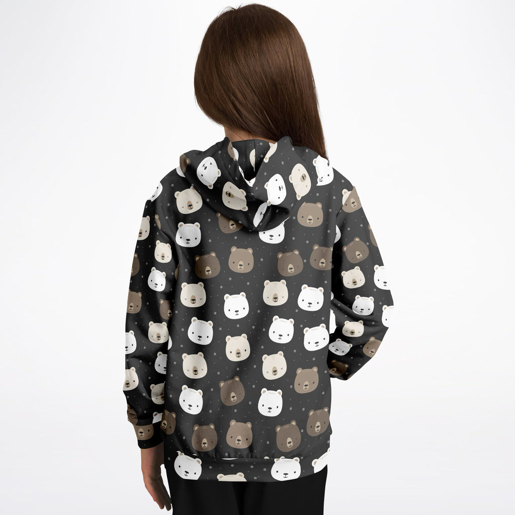 Kids bear face hoodie in dark gray cotton fleece featuring playful white and brown cartoon bear faces pattern