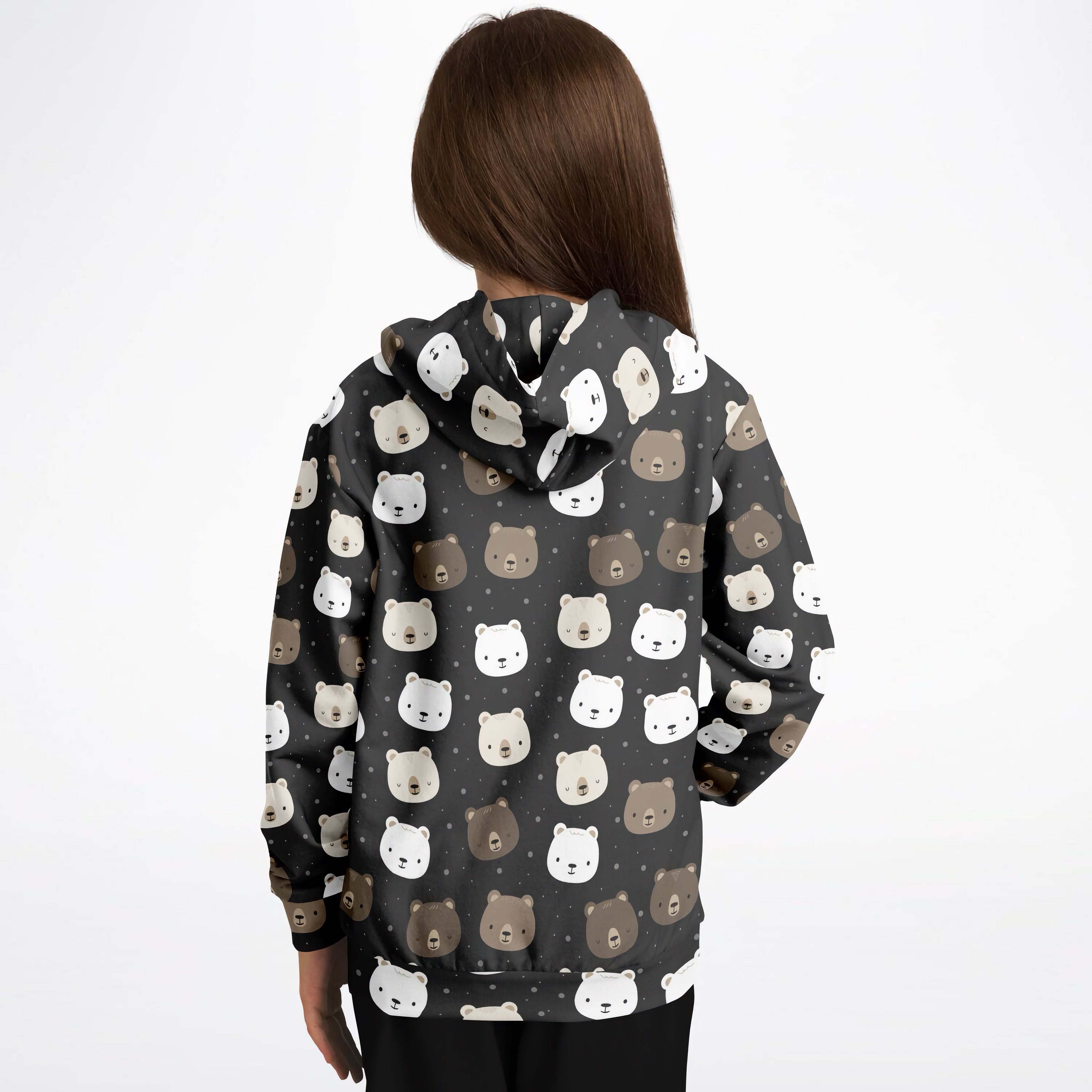 Kids bear face hoodie in dark gray cotton fleece featuring playful white and brown cartoon bear faces pattern