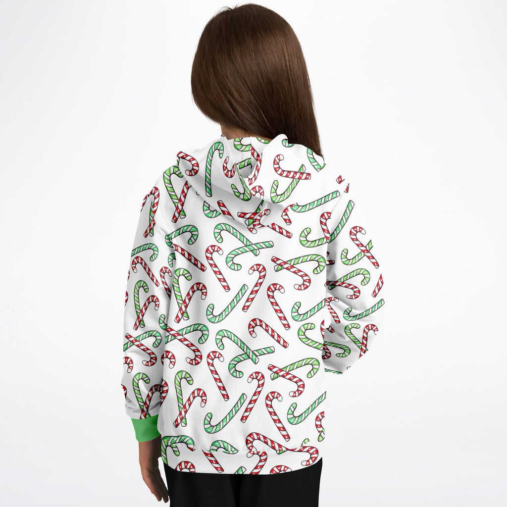 Kids Red & Green Candy Cane Christmas Hoodie – Cozy Cotton Fleece or Lightweight Sports Fabric