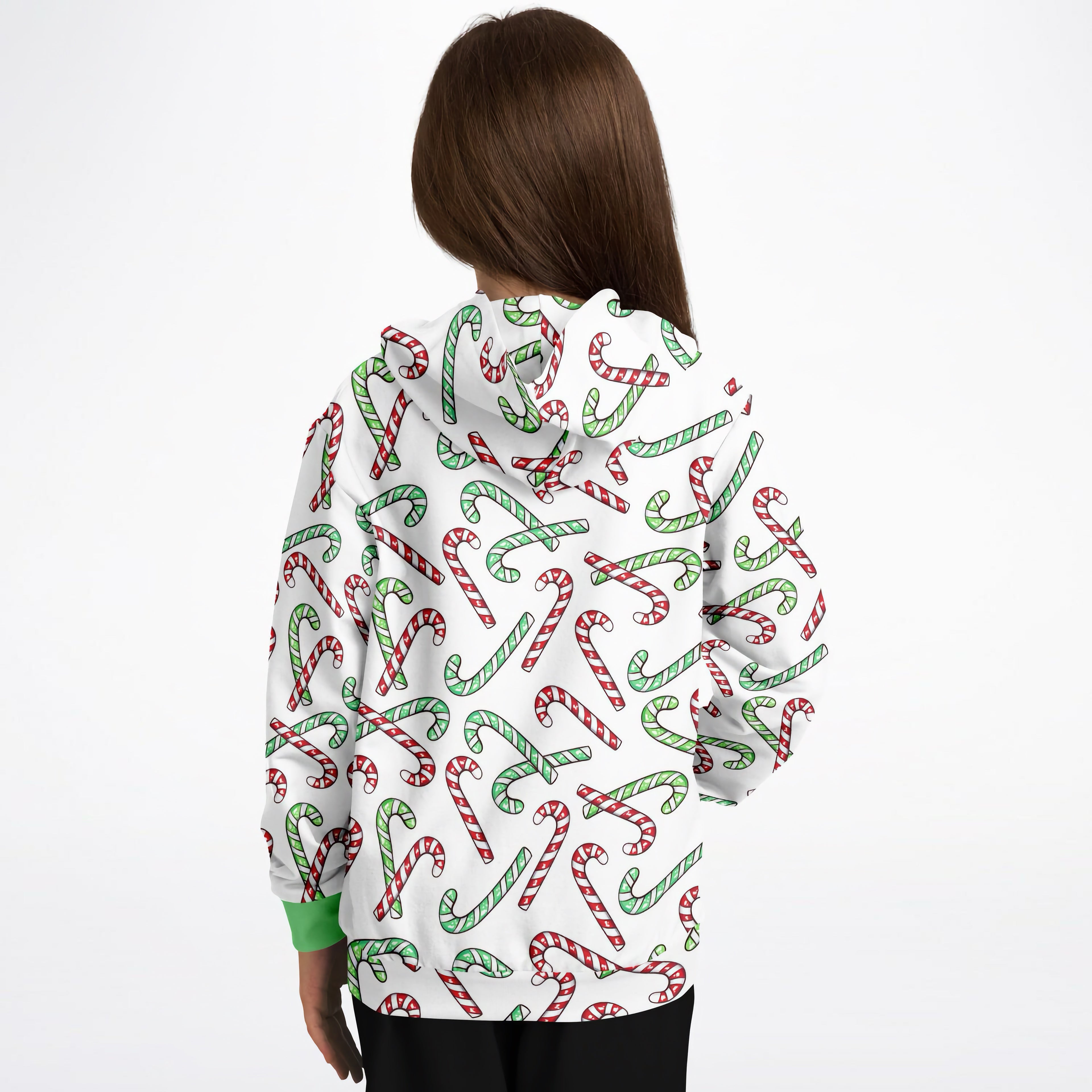 Kids Red & Green Candy Cane Christmas Hoodie – Cozy Cotton Fleece or Lightweight Sports Fabric