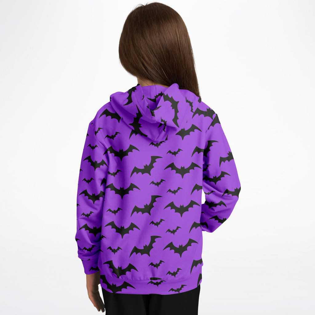 Kids purple bats halloween hoodie featuring black bat pattern in cozy cotton fleece for cooler days