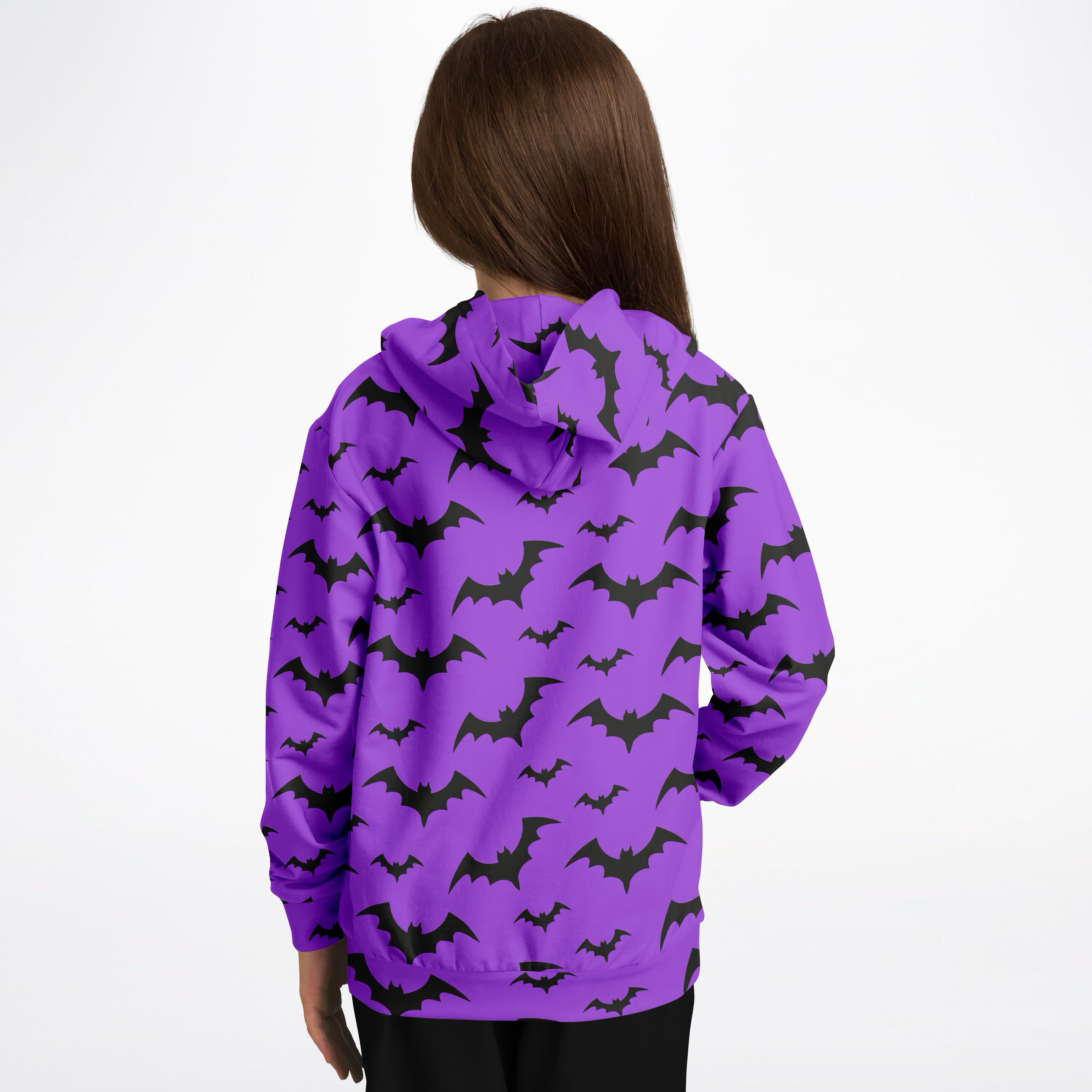 Kids purple bats halloween hoodie featuring black bat pattern in cozy cotton fleece for cooler days